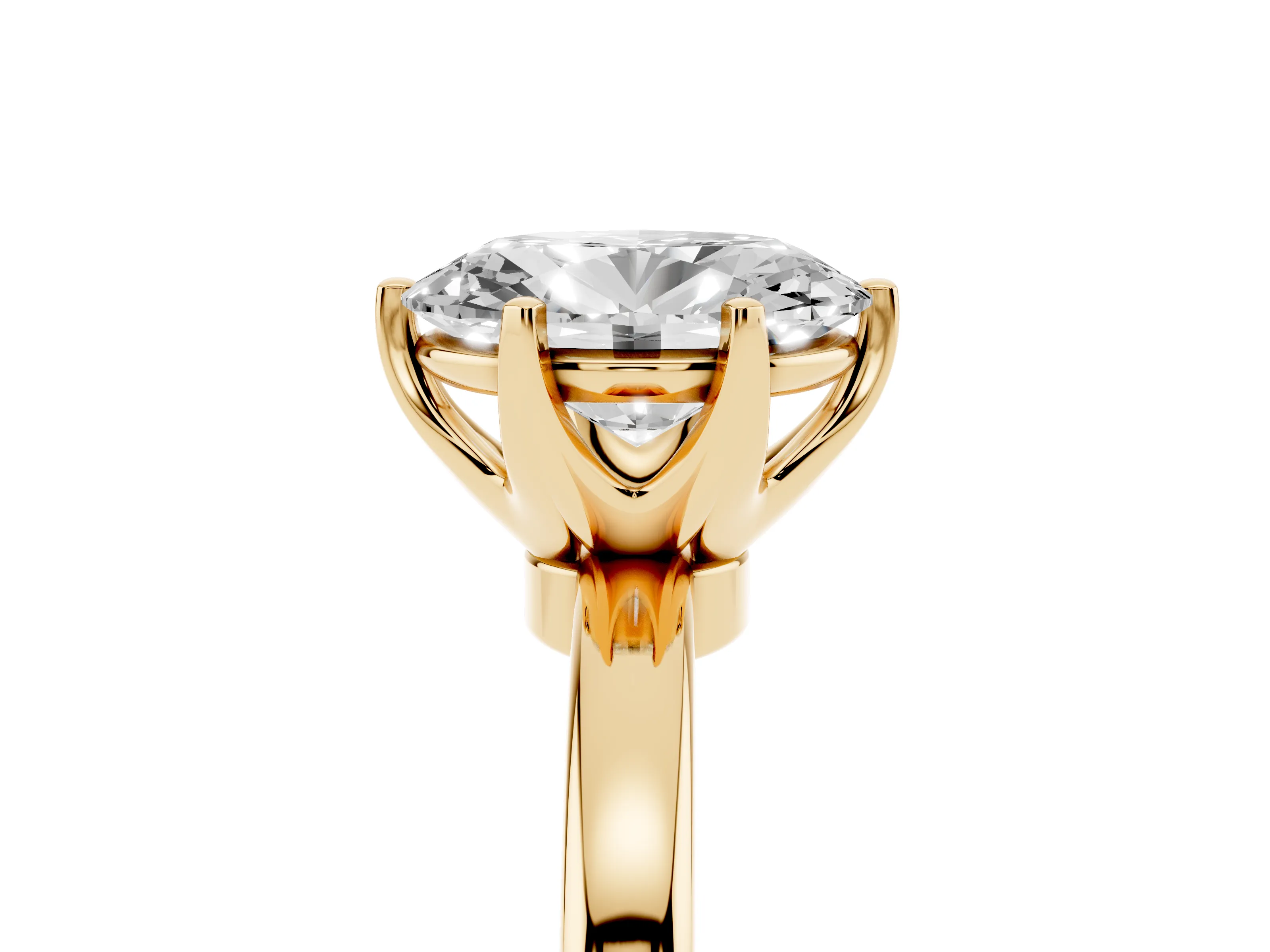 Oval Cut Diamond Solitaire Ring Set in Yellow gold with Raised Prong Setting on a Classic Band