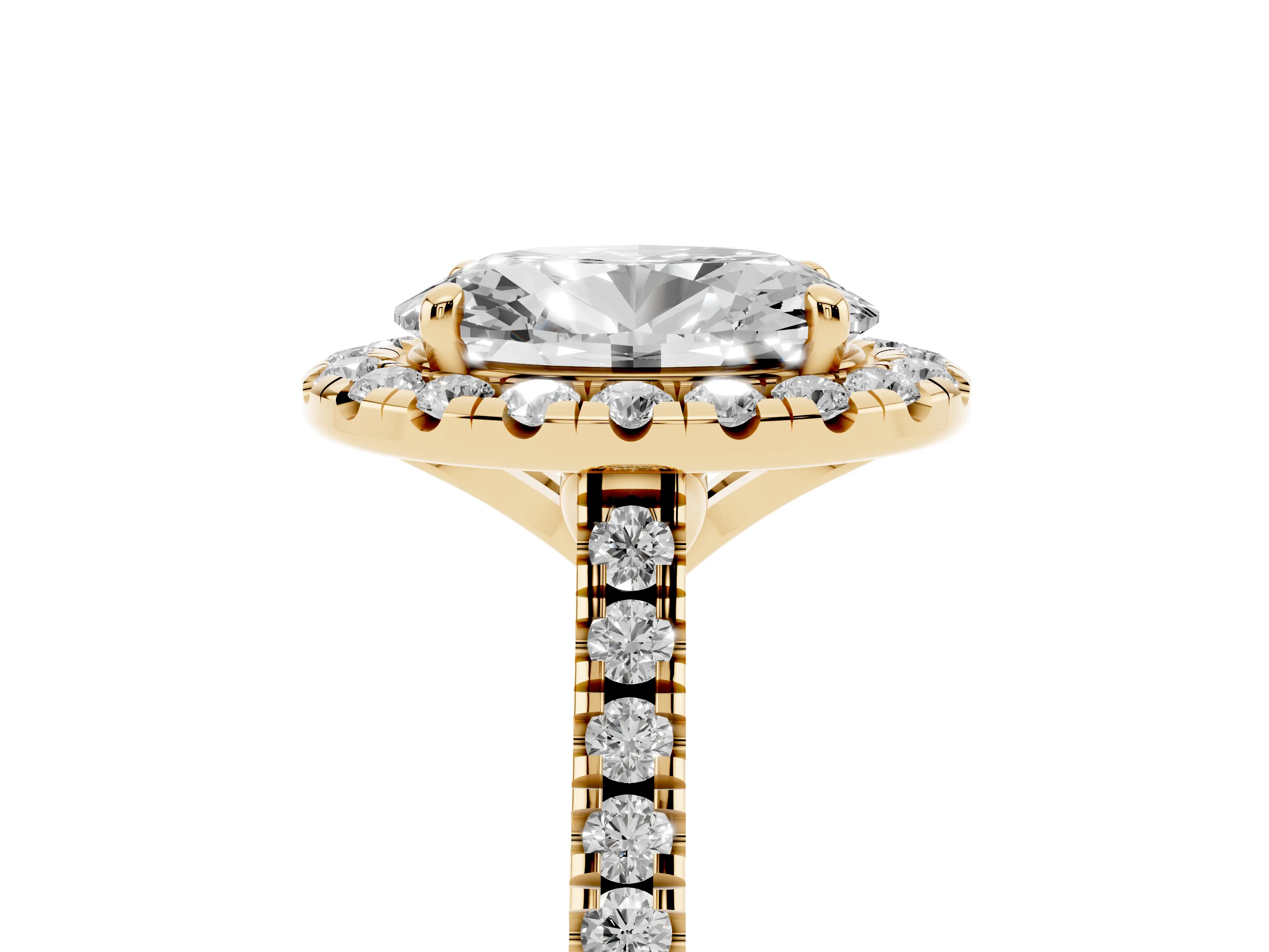 Oval Cut Diamond Cushion Halo Ring Set in Yellow gold with Pavé Band