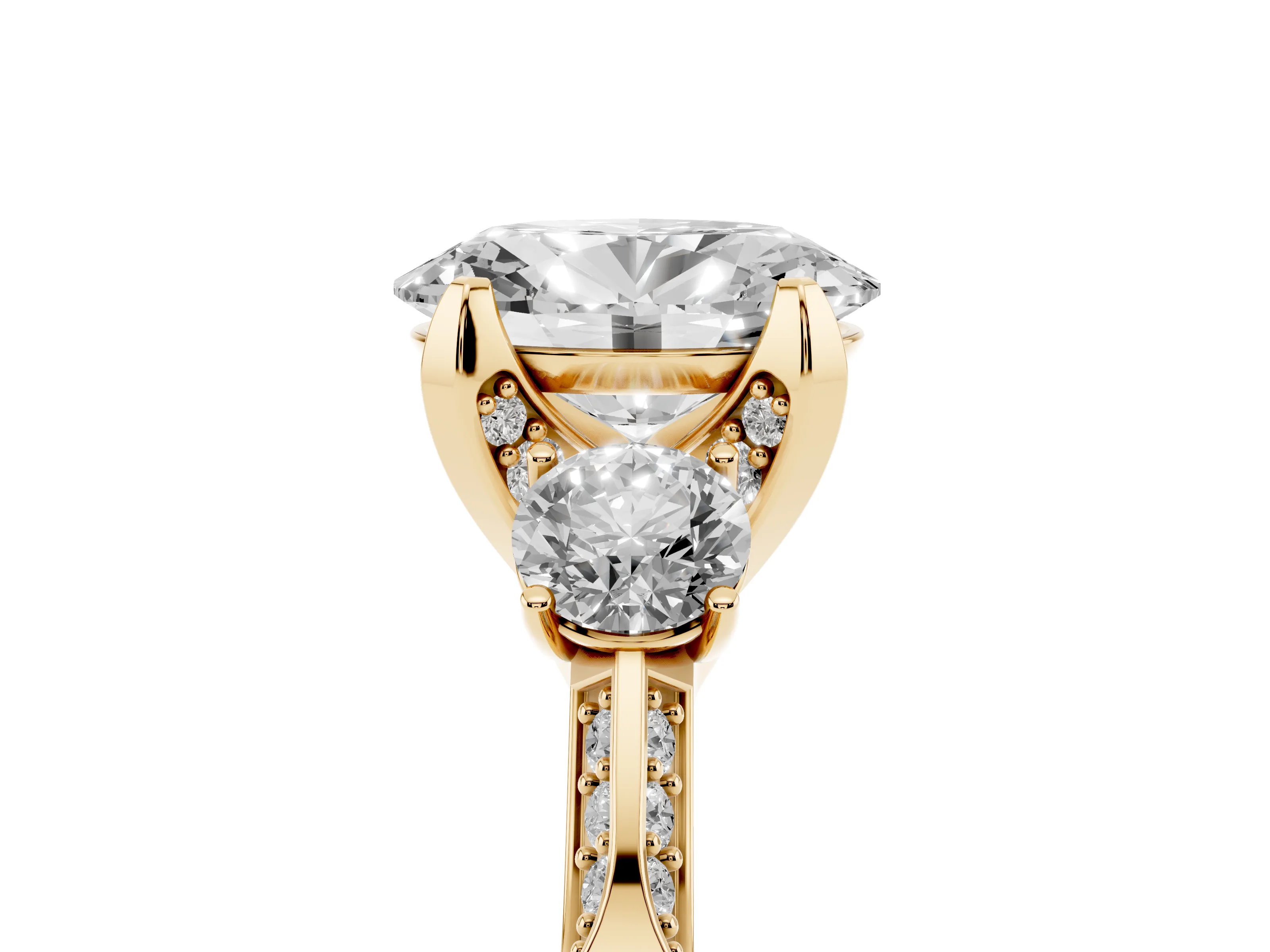 Oval Cut Diamond Three-Stone Ring Set in Yellow gold with Pavé Band and Smaller Side Stones