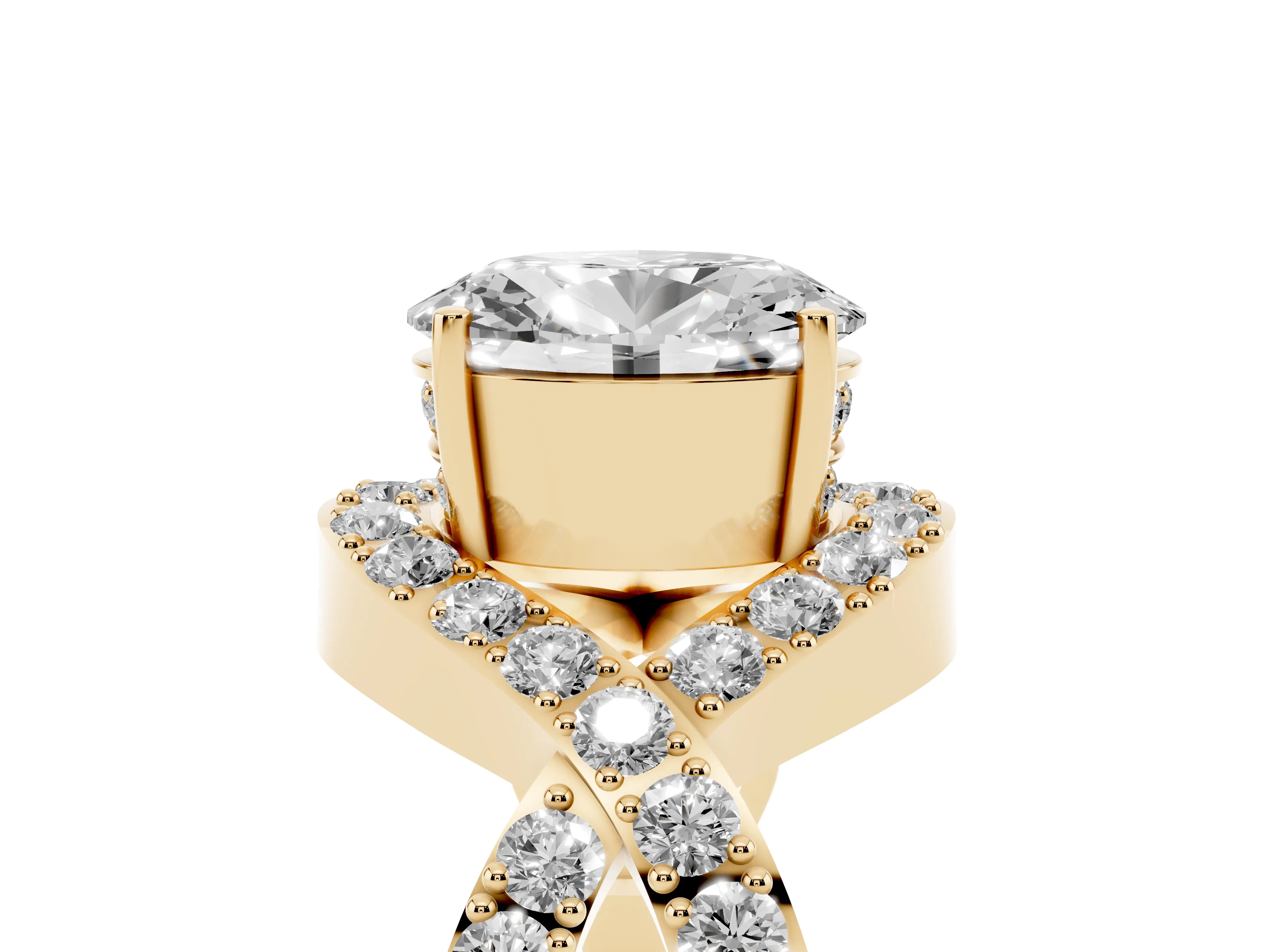 Oval Cut Diamond Solitaire Twist Band Pavé Engagement Ring Set in Yellow gold