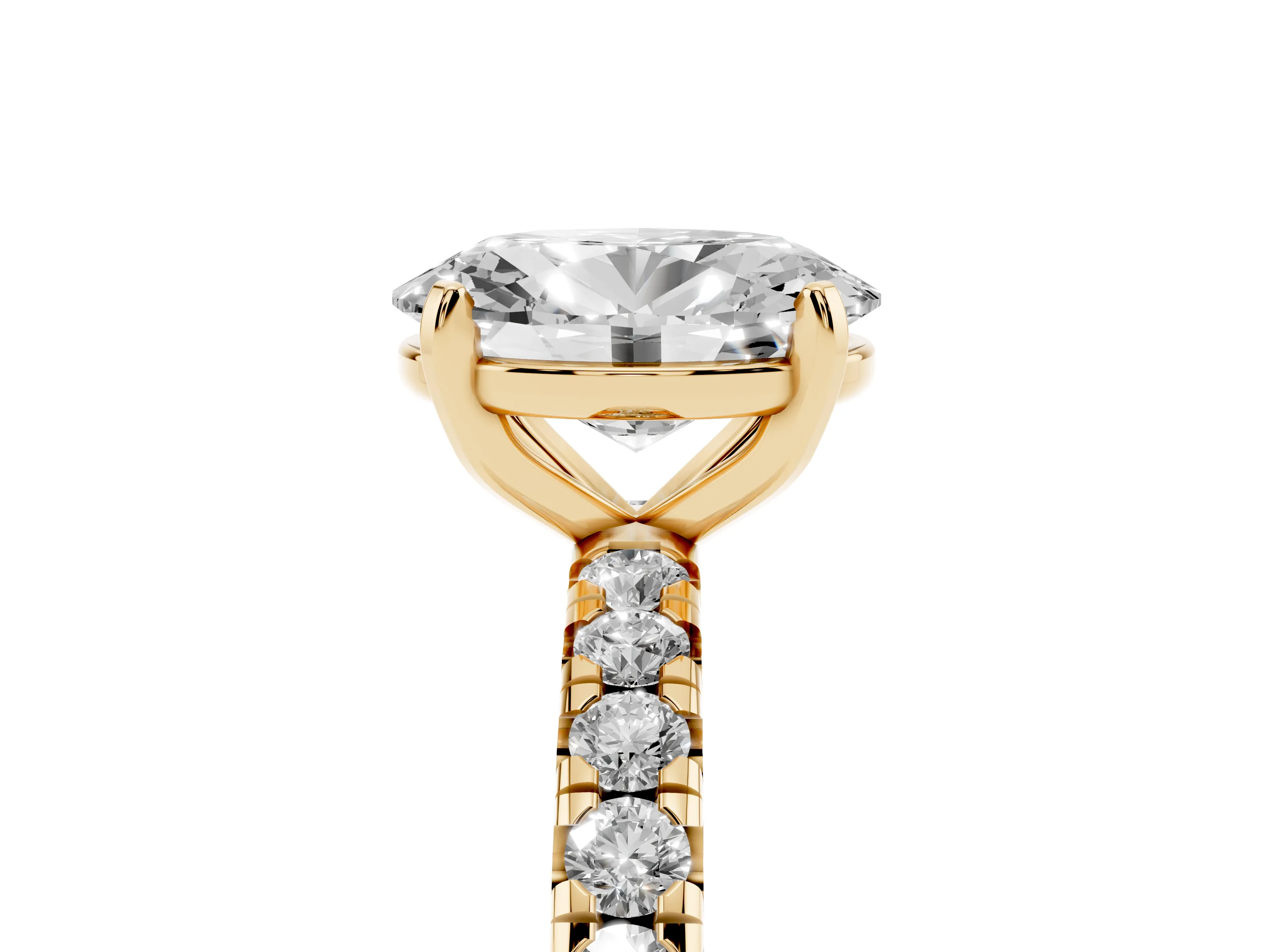 Oval Cut Diamond Pavé Solitaire Ring Set in Yellow gold with Round Band and Prong Setting