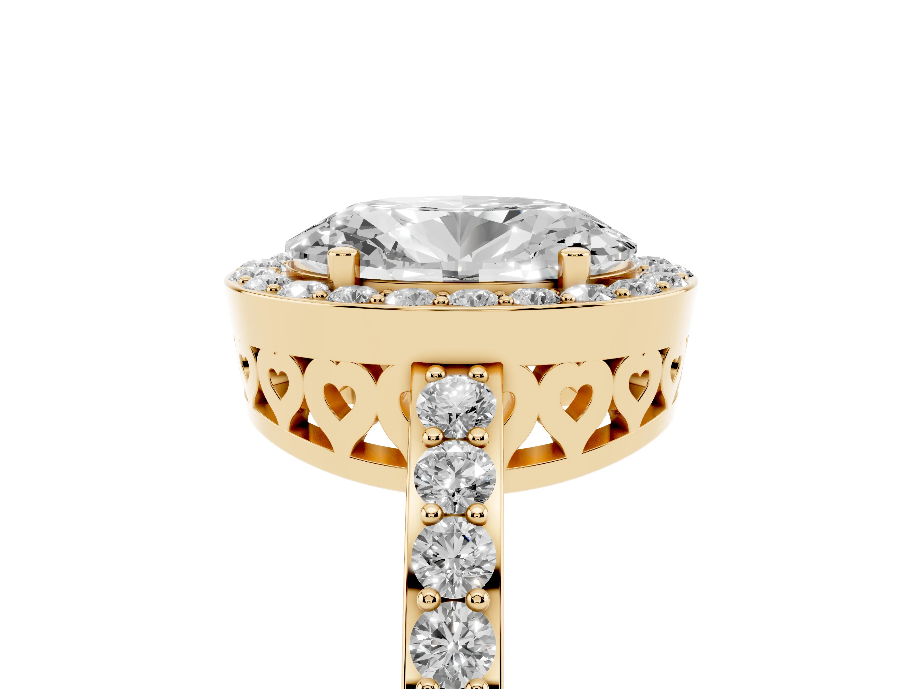Oval Cut Diamond Halo Ring Set in Yellow gold with Pavé-Setting Band and Open Prong Center