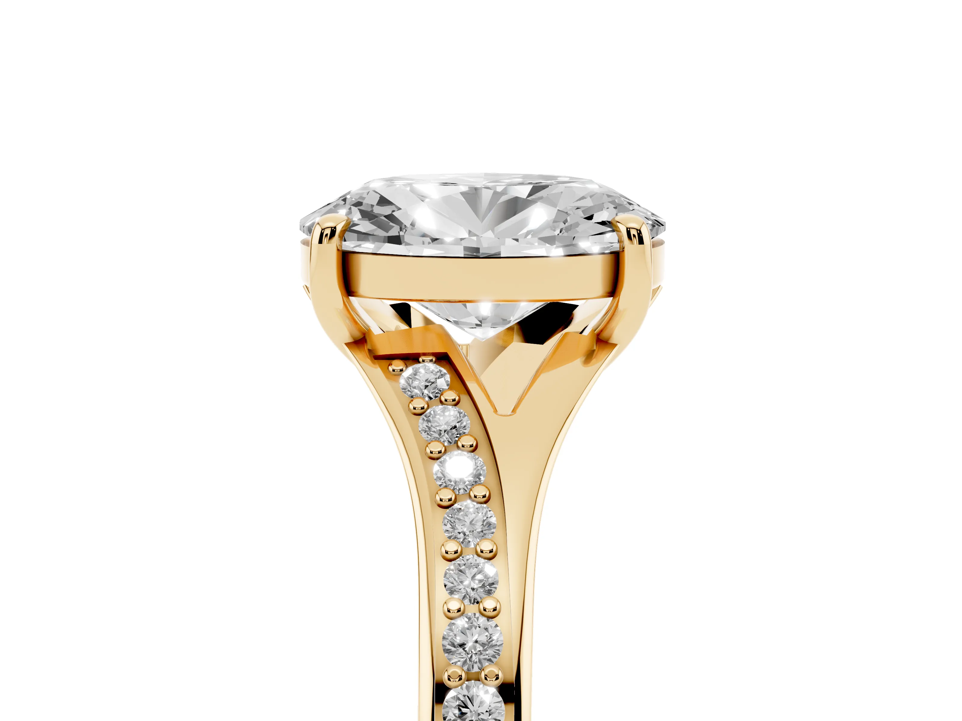 Oval Cut Diamond Solitaire Ring Set in Yellow gold with Pavé Accent Band and Classic Prong Setting