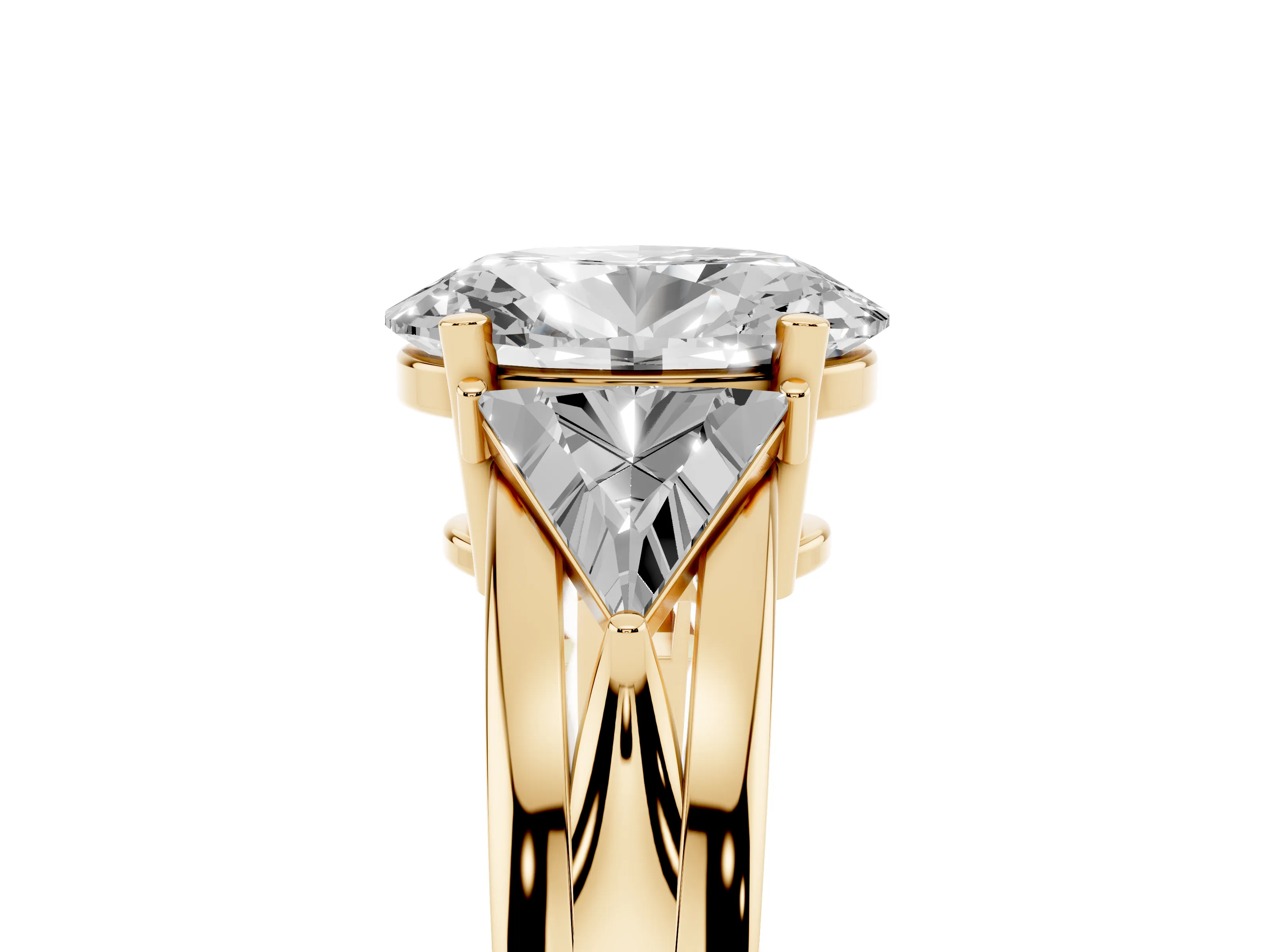 Oval Cut Diamond Three-Stone Ring Set in Yellow gold with Trillion Side Stones and Split Shank