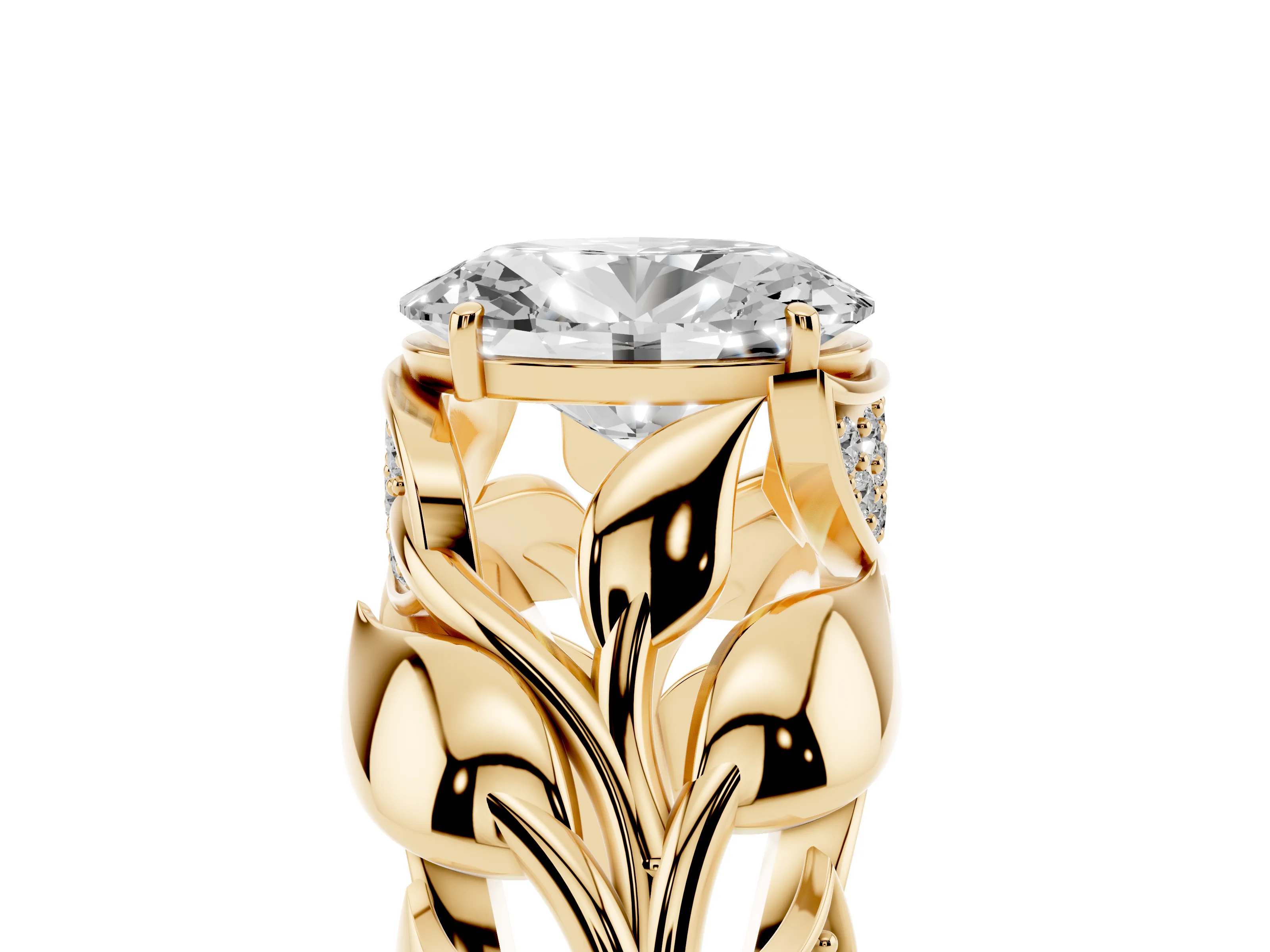 Oval Cut Diamond Leaf-Inspired Engagement Ring Set in Yellow gold with Round Accents