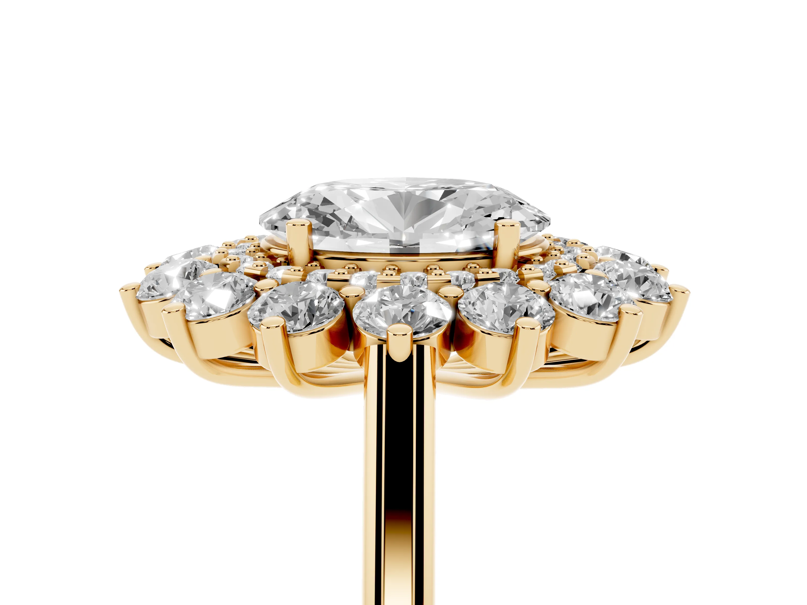Oval Cut Diamond Floral Double Halo Ring Set in Yellow gold with Round Petals