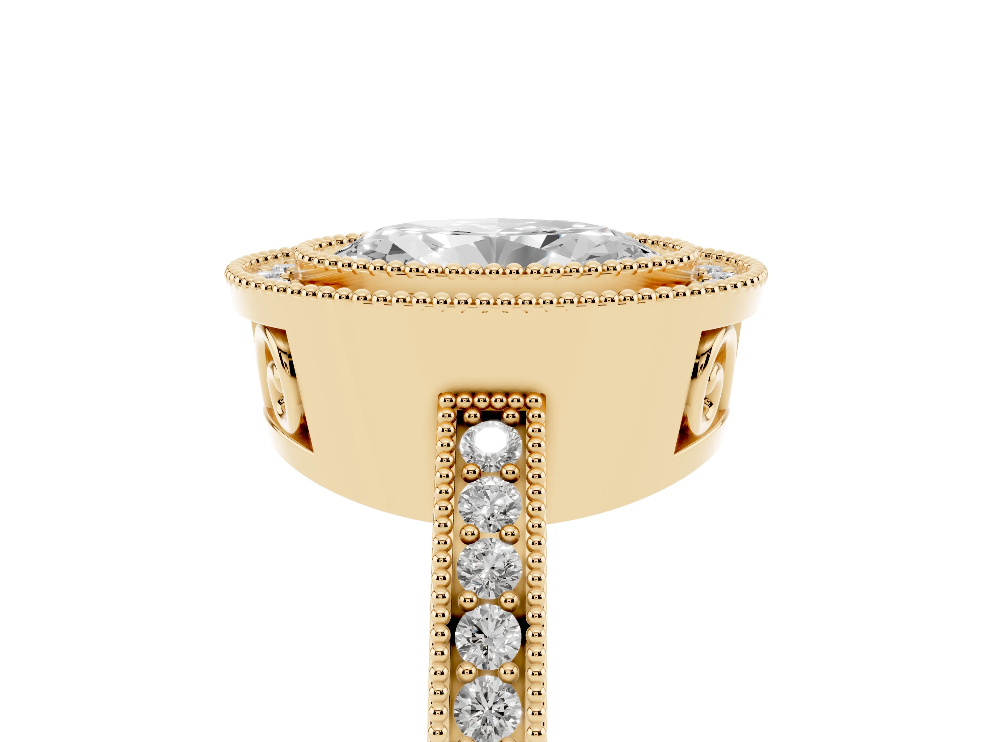 Oval Cut Diamond Round Halo Ring Set in Yellow gold with Pavé Band