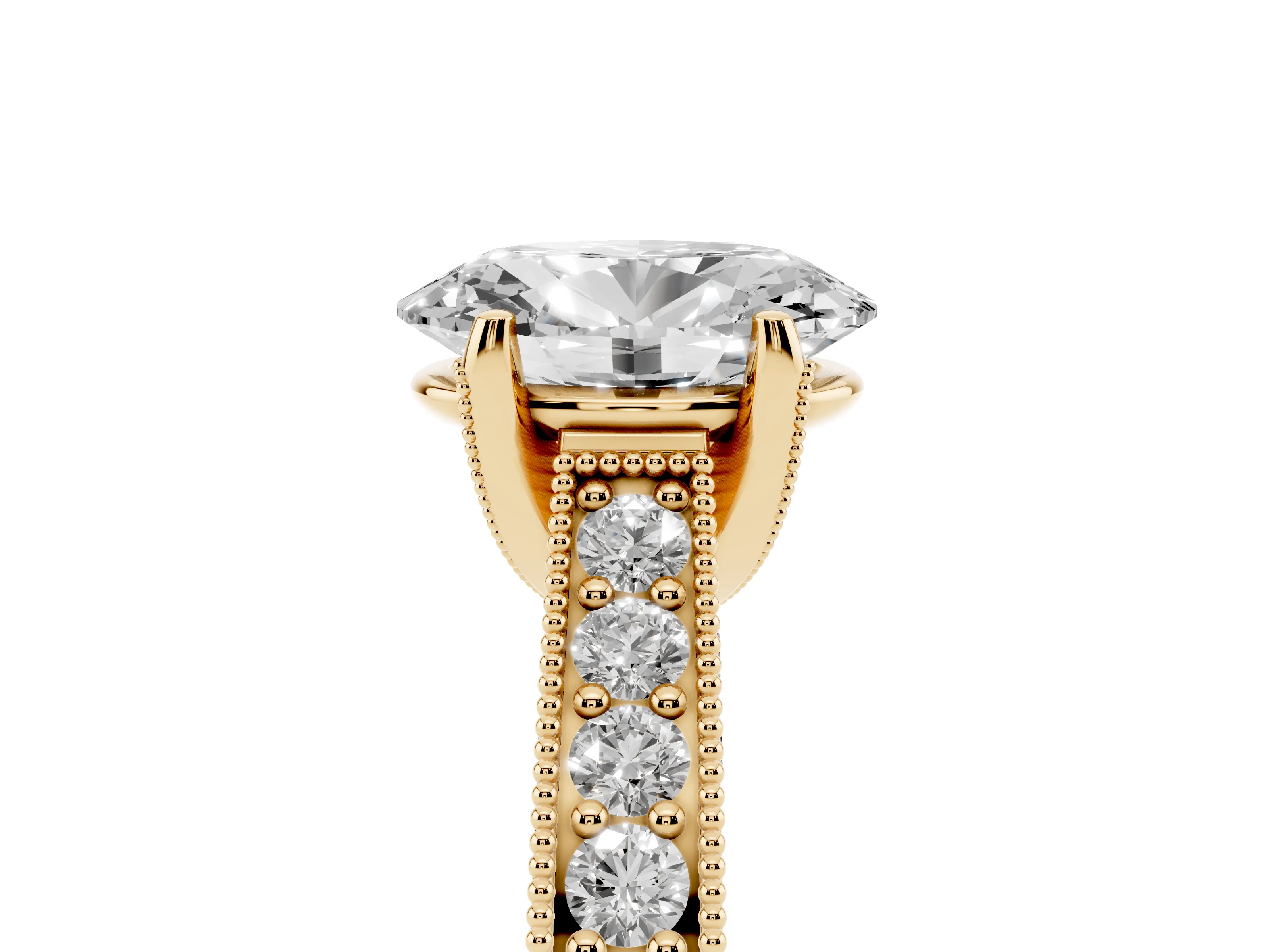 Oval Cut Diamond Solitaire Ring Set in Yellow gold with Milgrain-Edged Pavé Band and Prong Setting