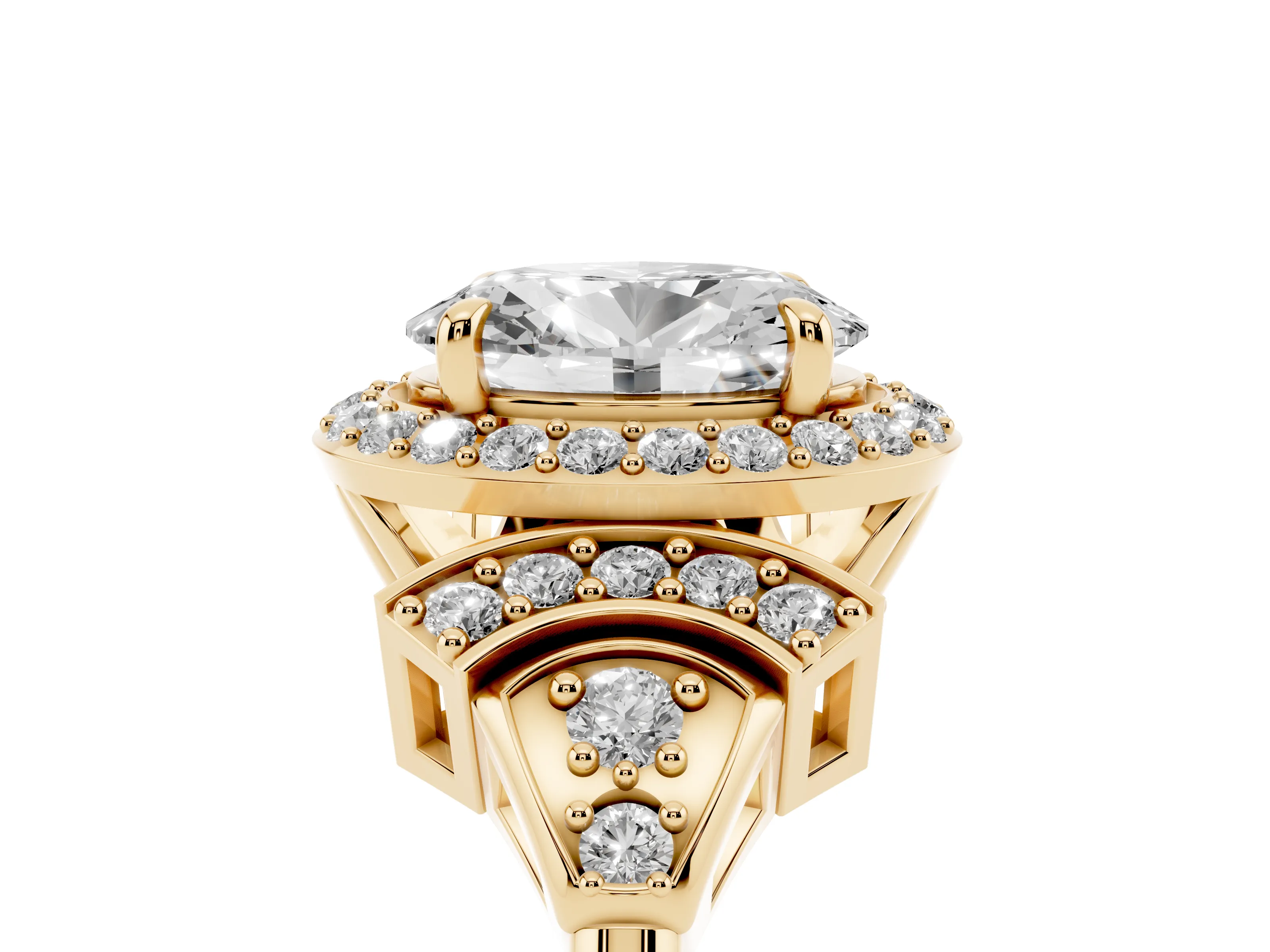 Oval Cut Diamond Halo Engagement Ring Set in Yellow gold with Accent Stone Split Shank