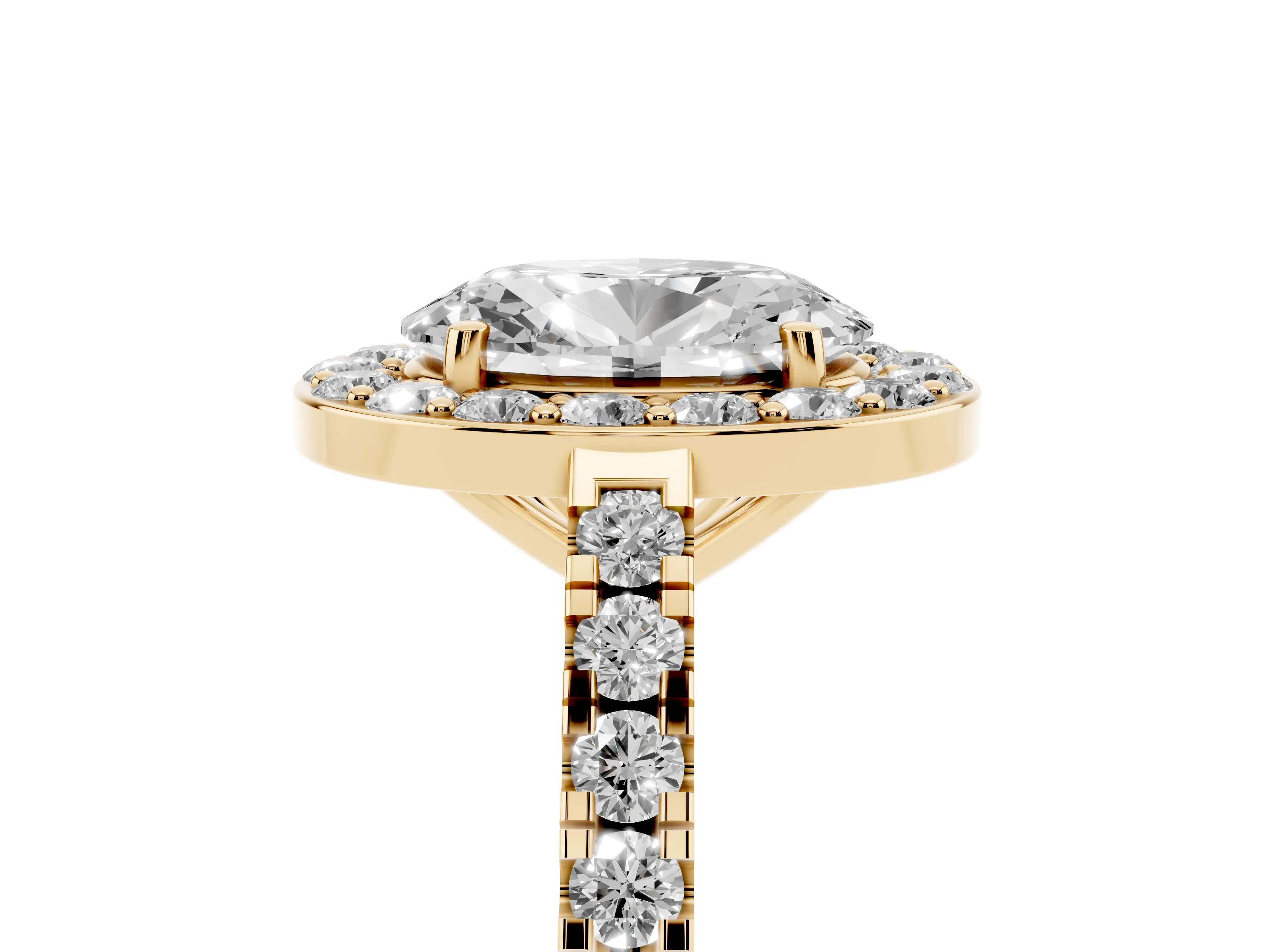 Oval Cut Diamond Halo Ring Set in Yellow gold with Round Pavé Split Shank and Prong Setting