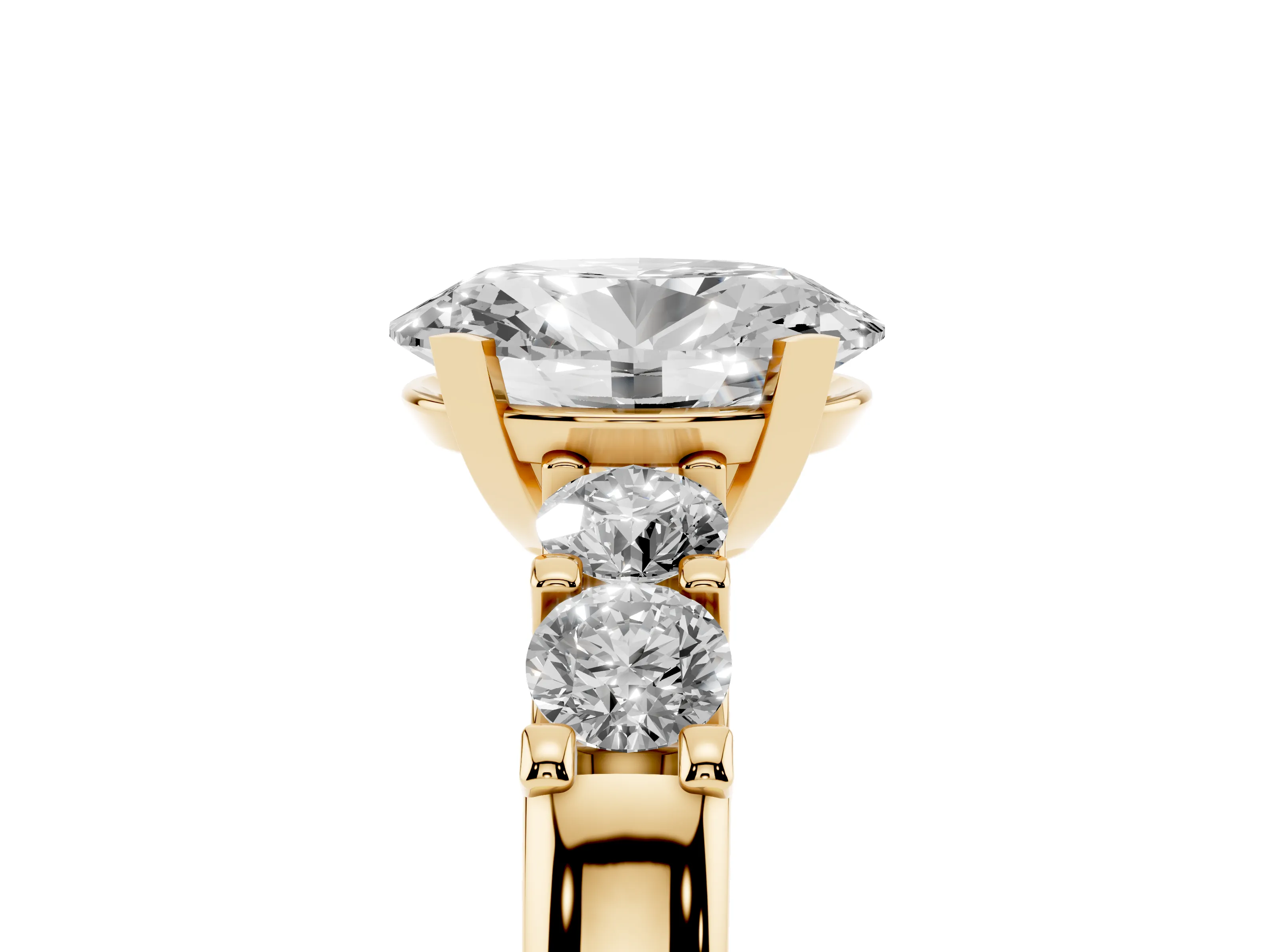 Oval Cut Diamond Five-Stone Prong Set Engagement Ring Set in Yellow gold with Channel Band