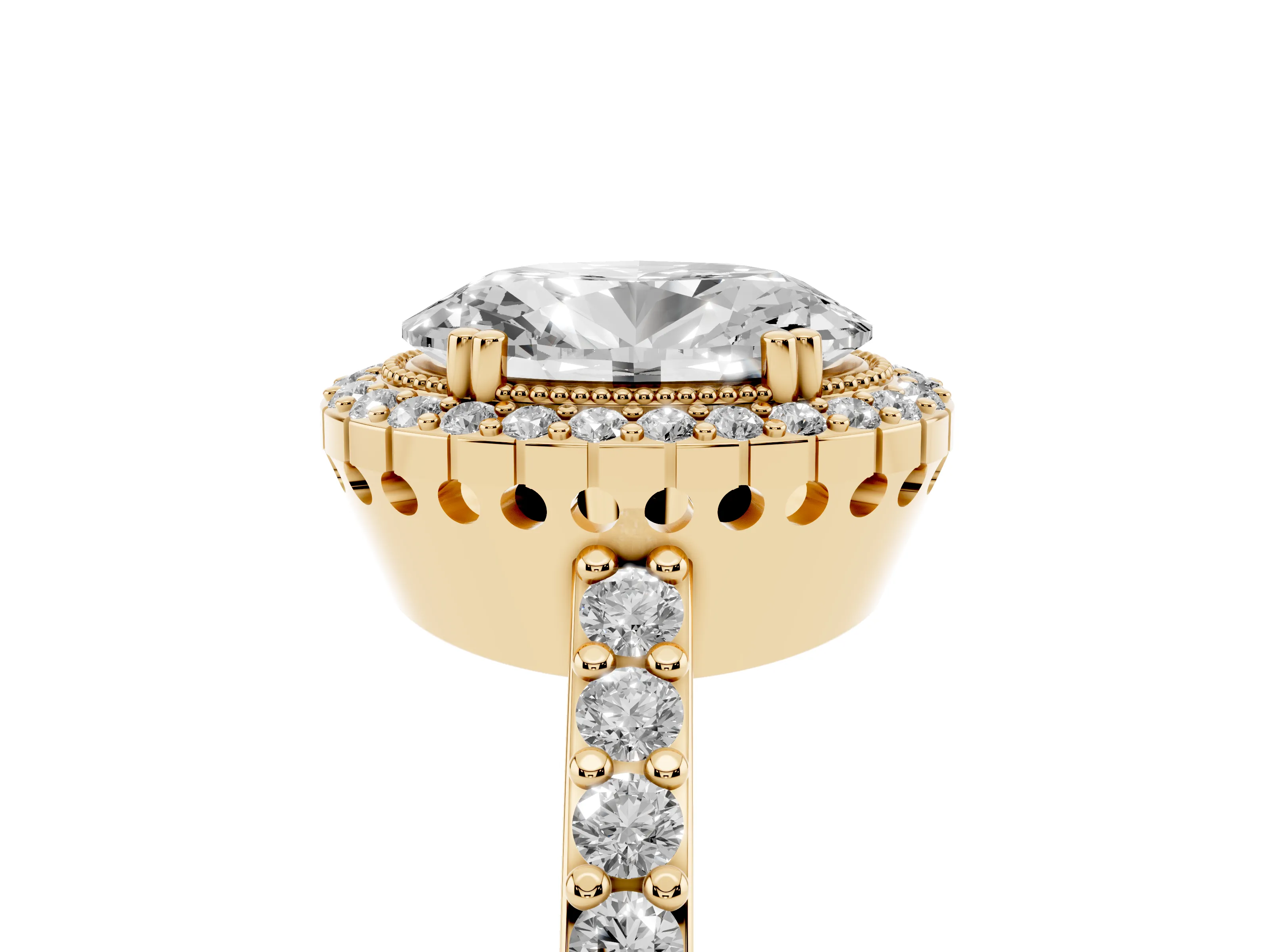 Oval Cut Diamond Halo Engagement Ring Set in Yellow gold with Milgrain Detail and Pavé Band