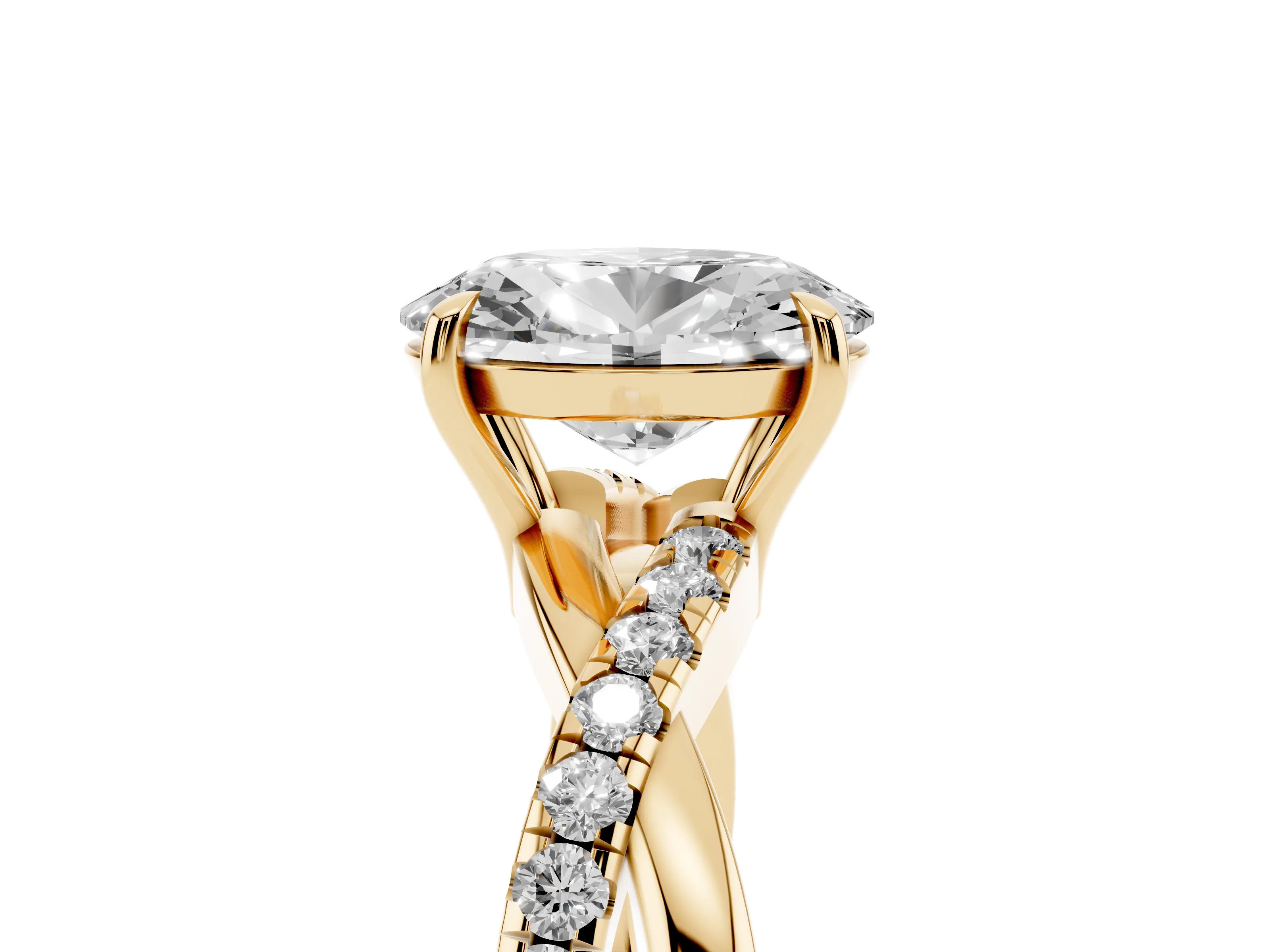 Oval Cut Diamond Twisted Pavé Band Ring Set in Yellow gold with Prong Setting