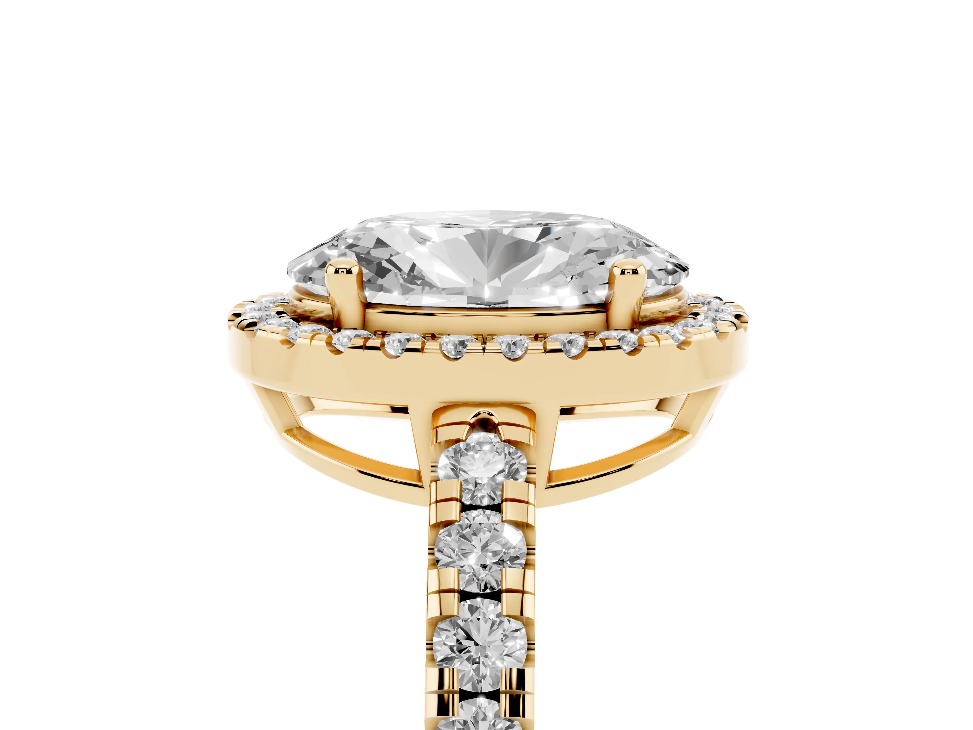 Oval Cut Diamond Halo Ring Set in Yellow gold with Delicate Pavé Band and Prong Setting