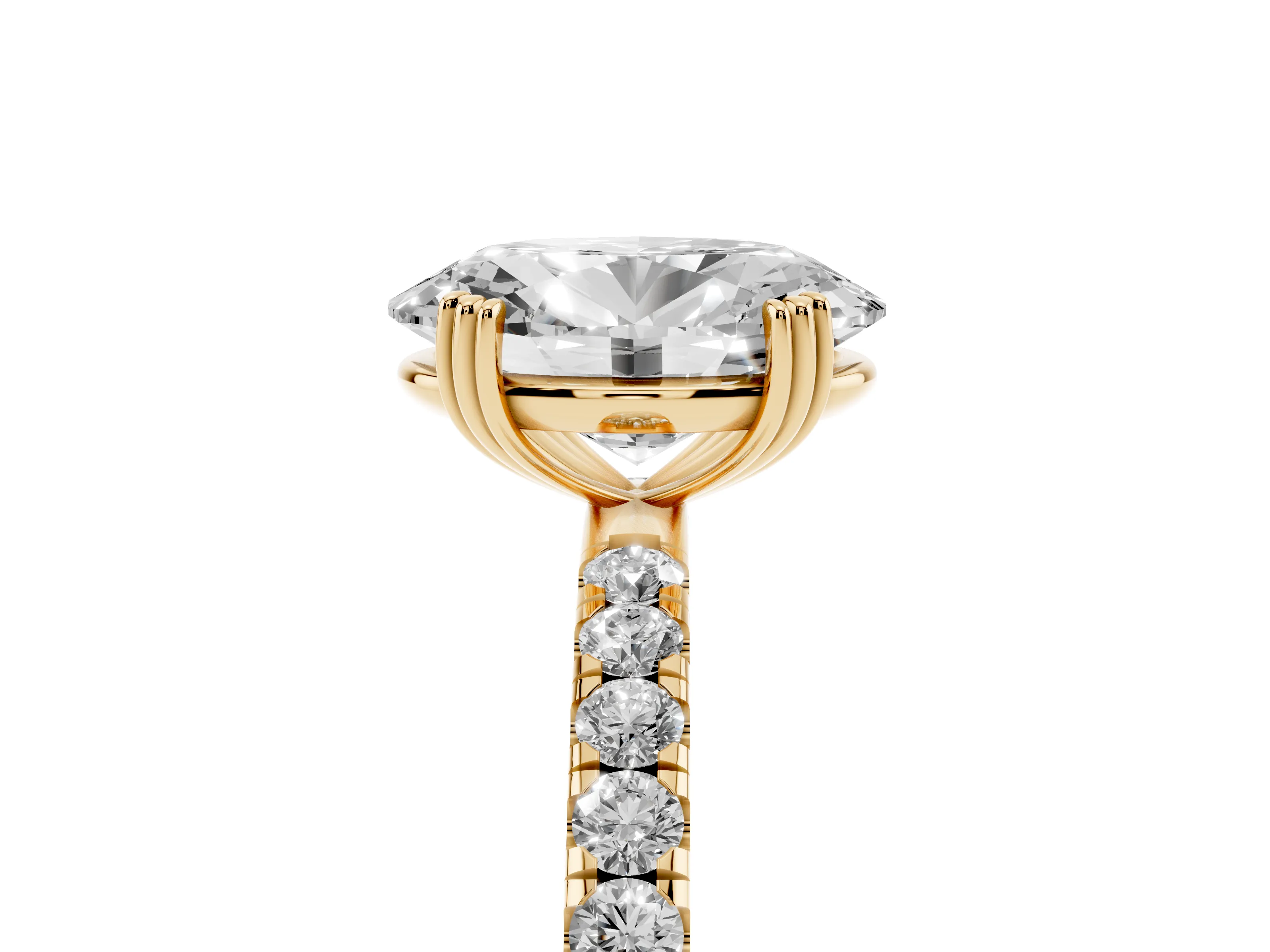Oval Cut Diamond Brilliant Solitaire Set in Yellow gold with Pavé Band and Claw Prong Setting