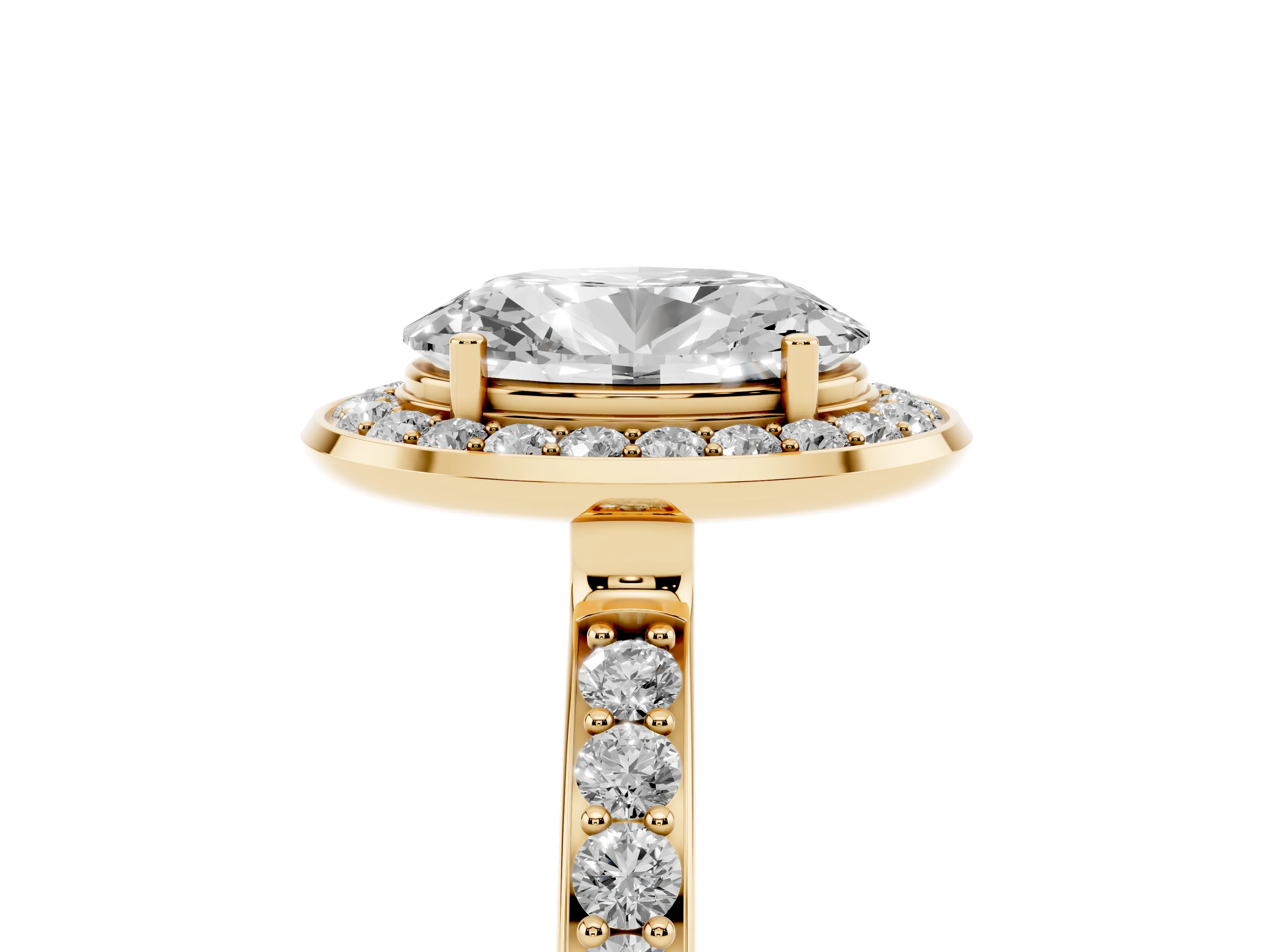 Oval Cut Diamond Halo Ring Set in Yellow gold with Bezel Frame and Pavé Band