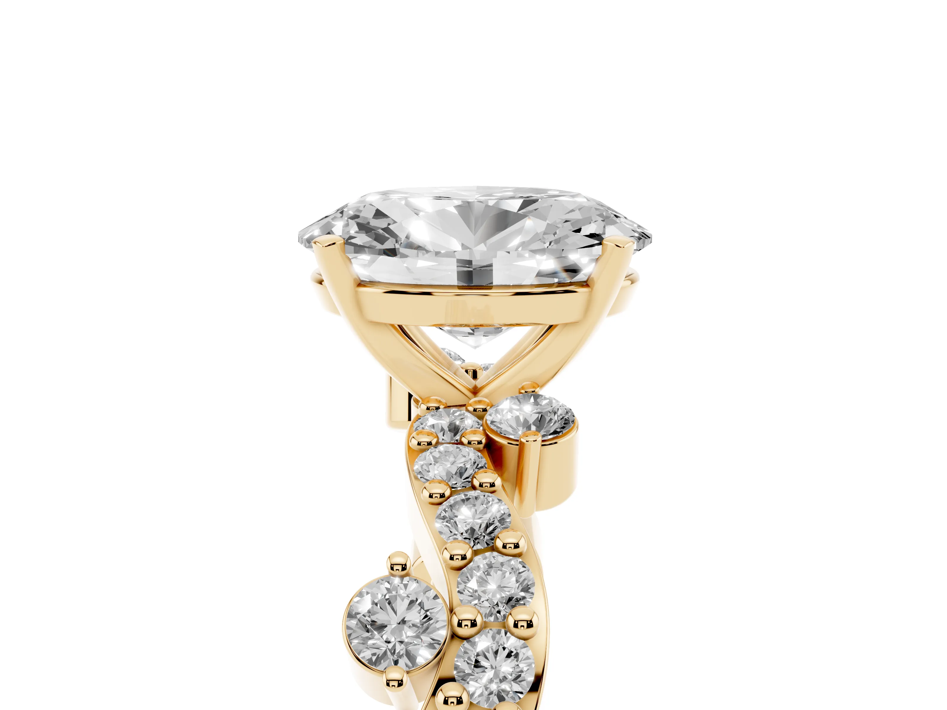 Oval Cut Diamond Solitaire Twisted Band Set in Yellow gold with Pavé Setting