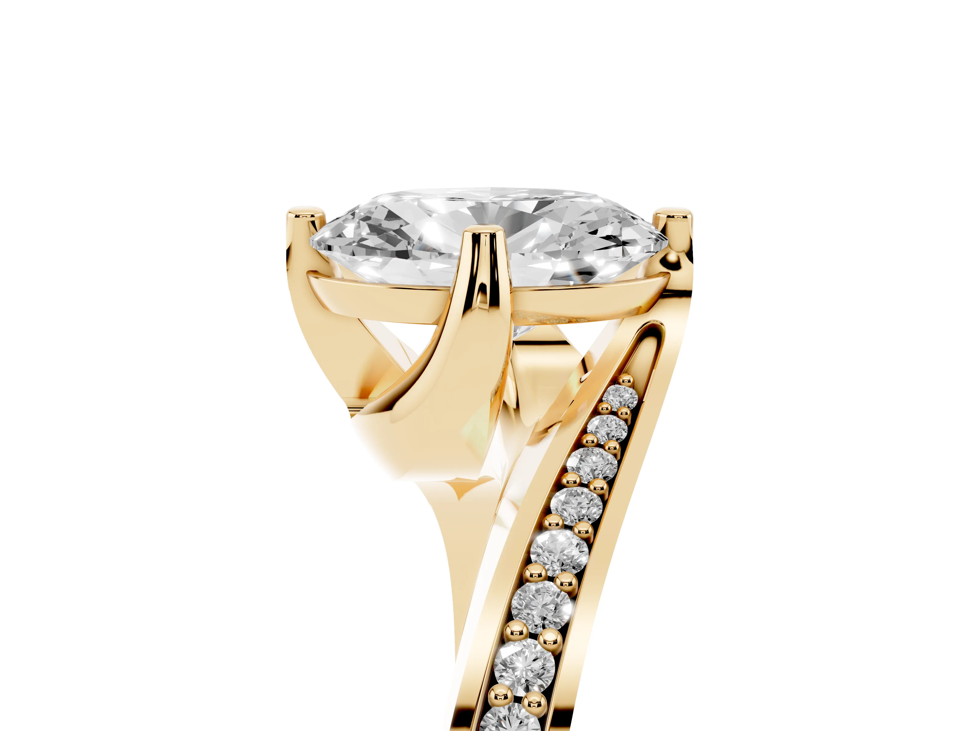 Oval Cut Diamond Solitaire Ring Set in Yellow gold with Intertwined Pavé Twist Band