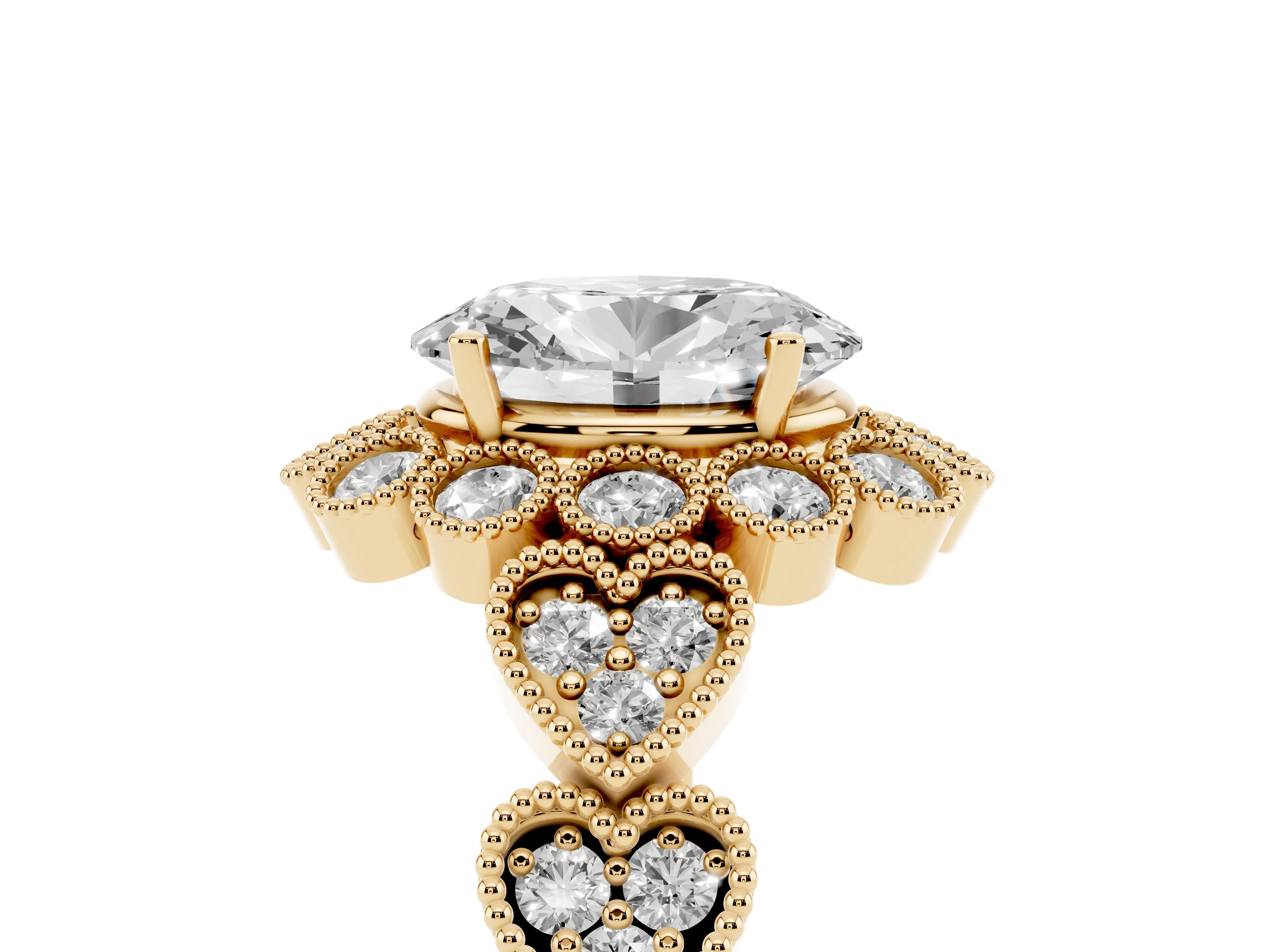 Oval Cut Diamond Solitaire Ring Set in Yellow gold with Milgrain Pavé Heart Band