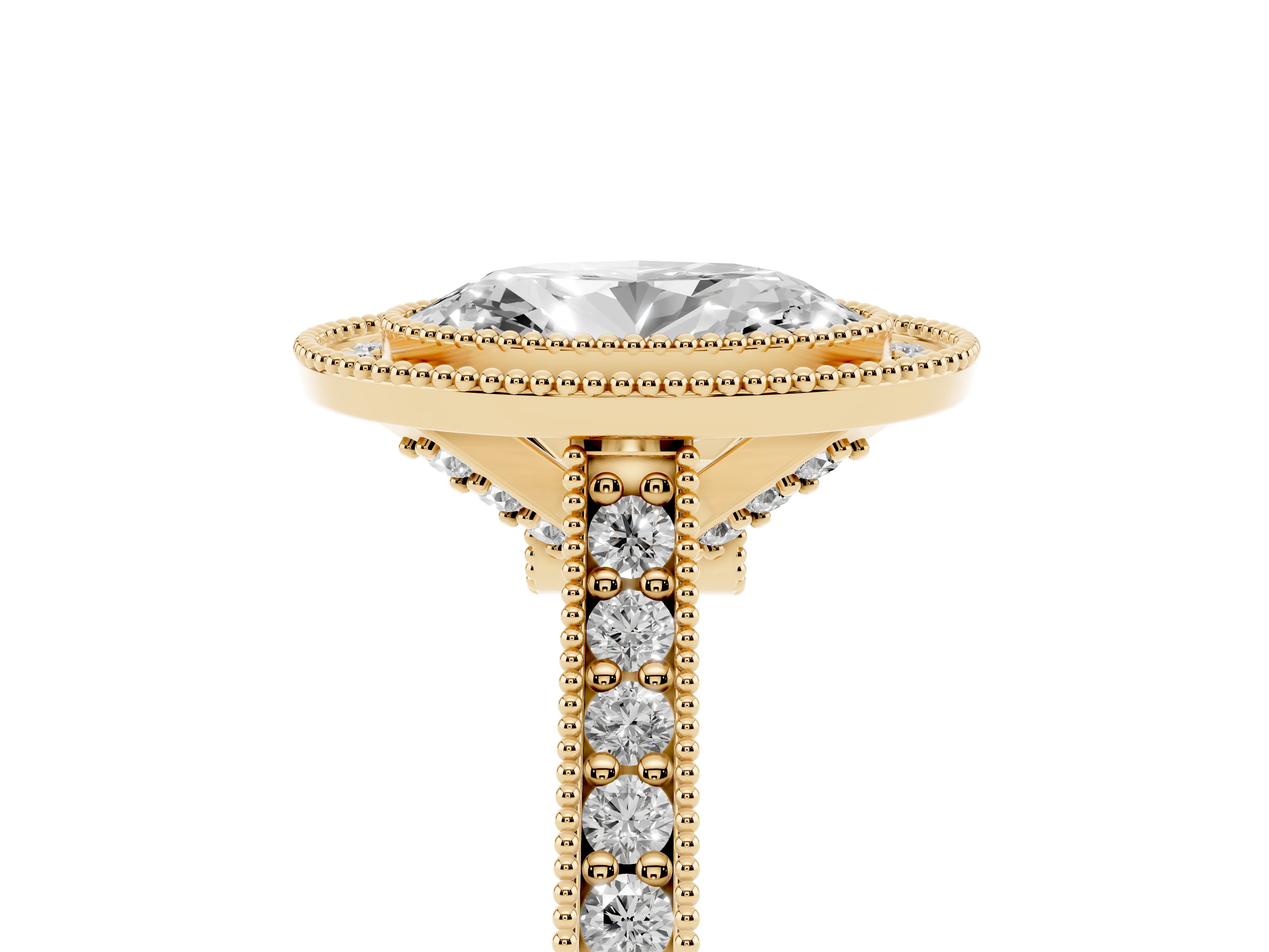 Oval Cut Diamond Halo Milgrain Pavé Band Ring Set in Yellow gold with Prong Setting