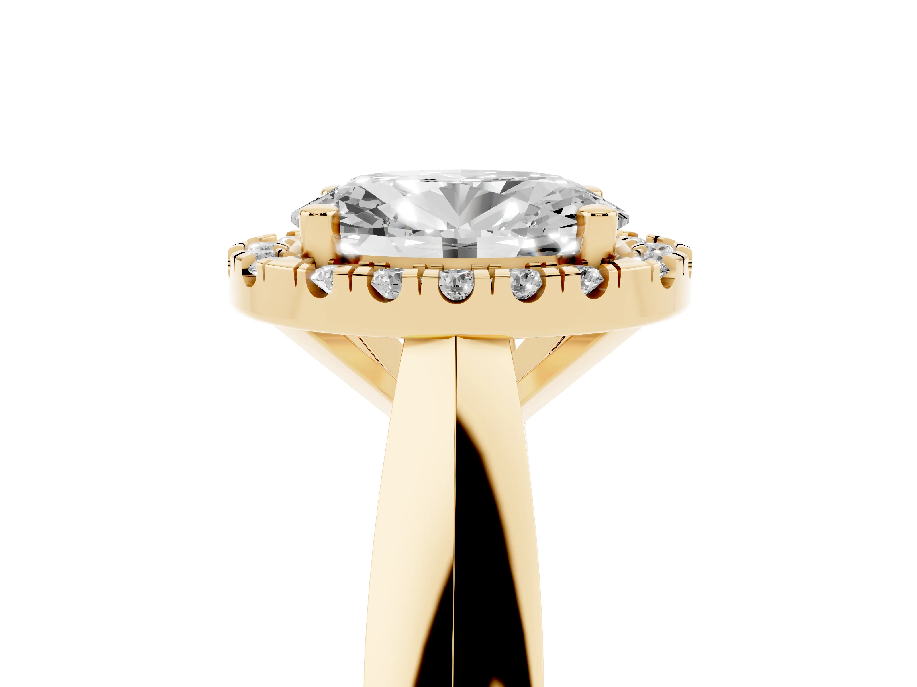 Oval Cut Diamond Halo Solitaire Engagement Ring Set in Yellow gold with Square Band and Prong Setting