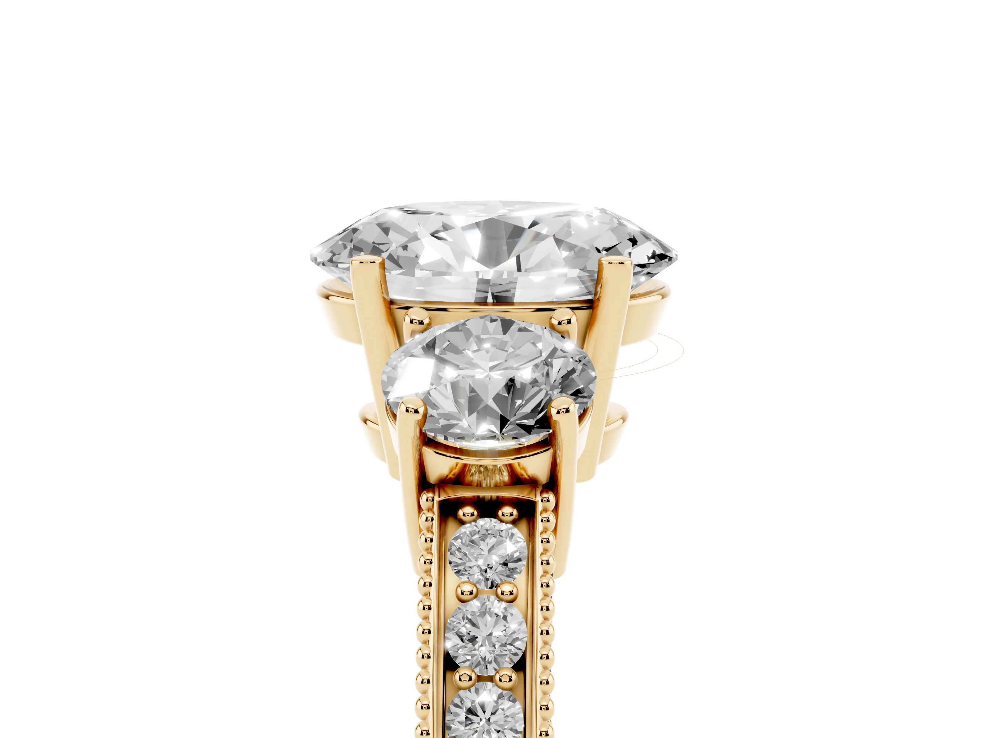 Oval Cut Diamond Three-Stone Ring Set in Yellow gold with Round Side Stones and Pavé Band