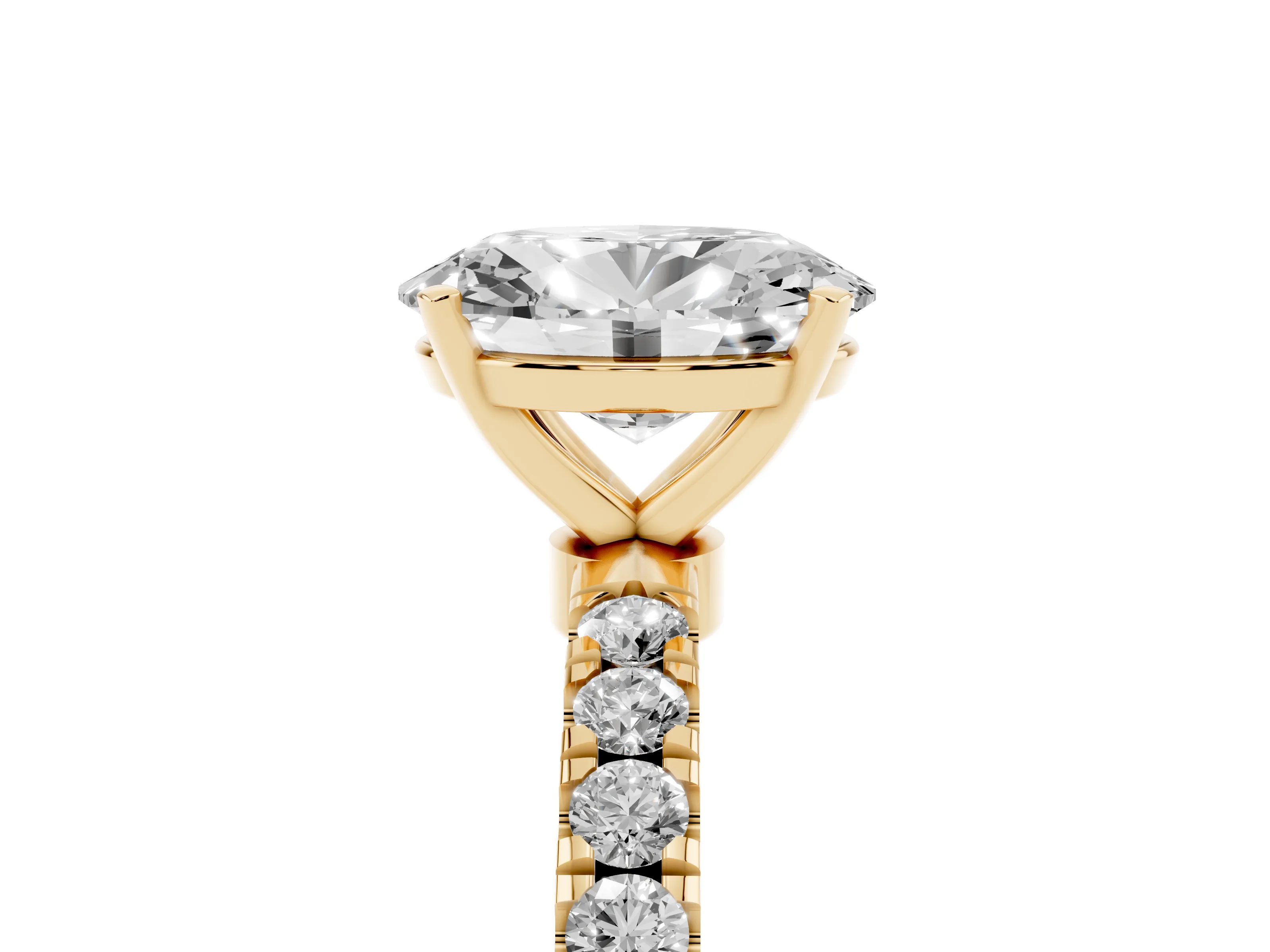 Oval Cut Diamond Solitaire Ring Set in Yellow gold with Pavé Accents and Prong Setting