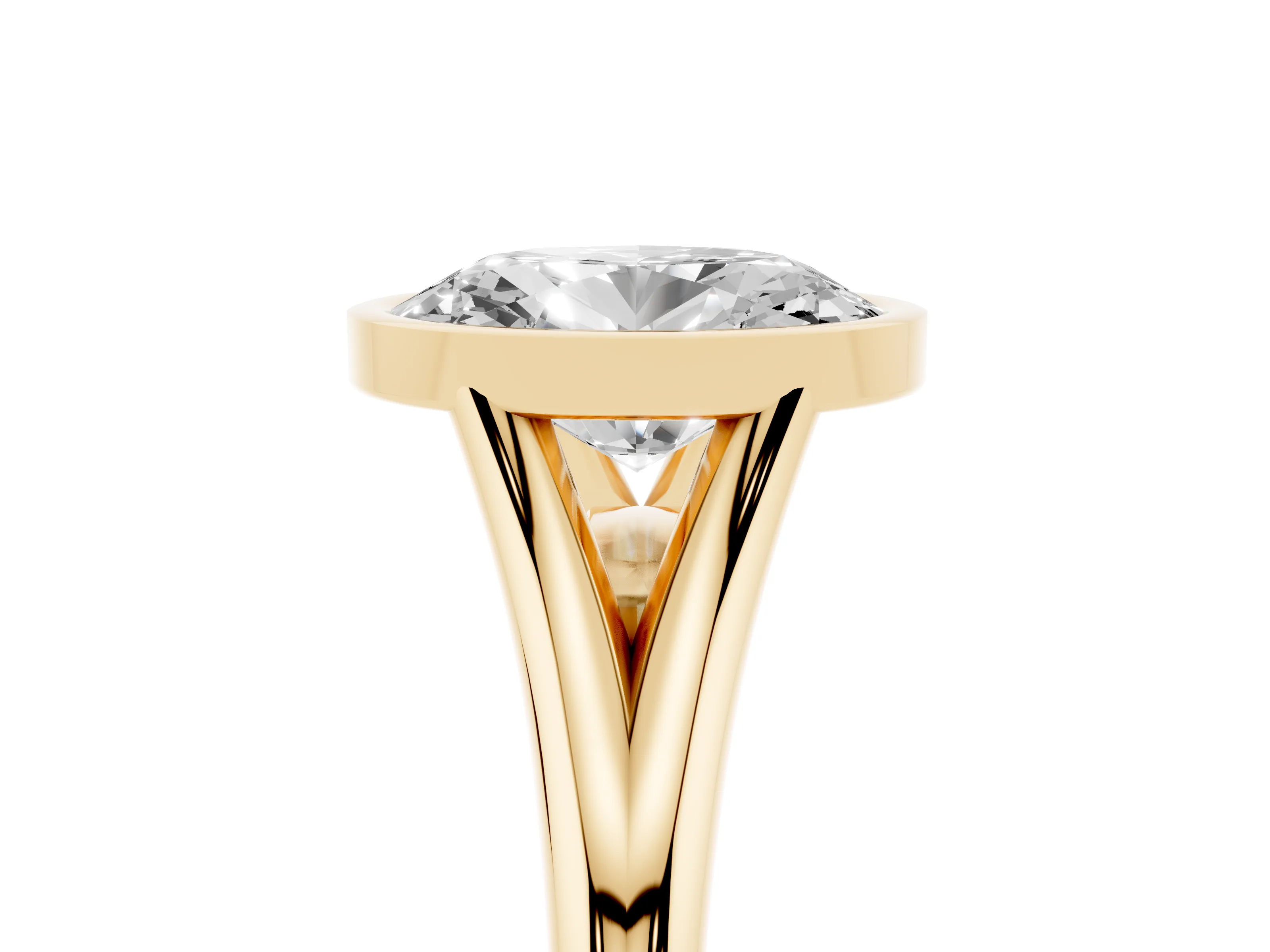 Bezel Set Oval Cut Diamond Solitaire Ring Set in Yellow gold with Tapered Band