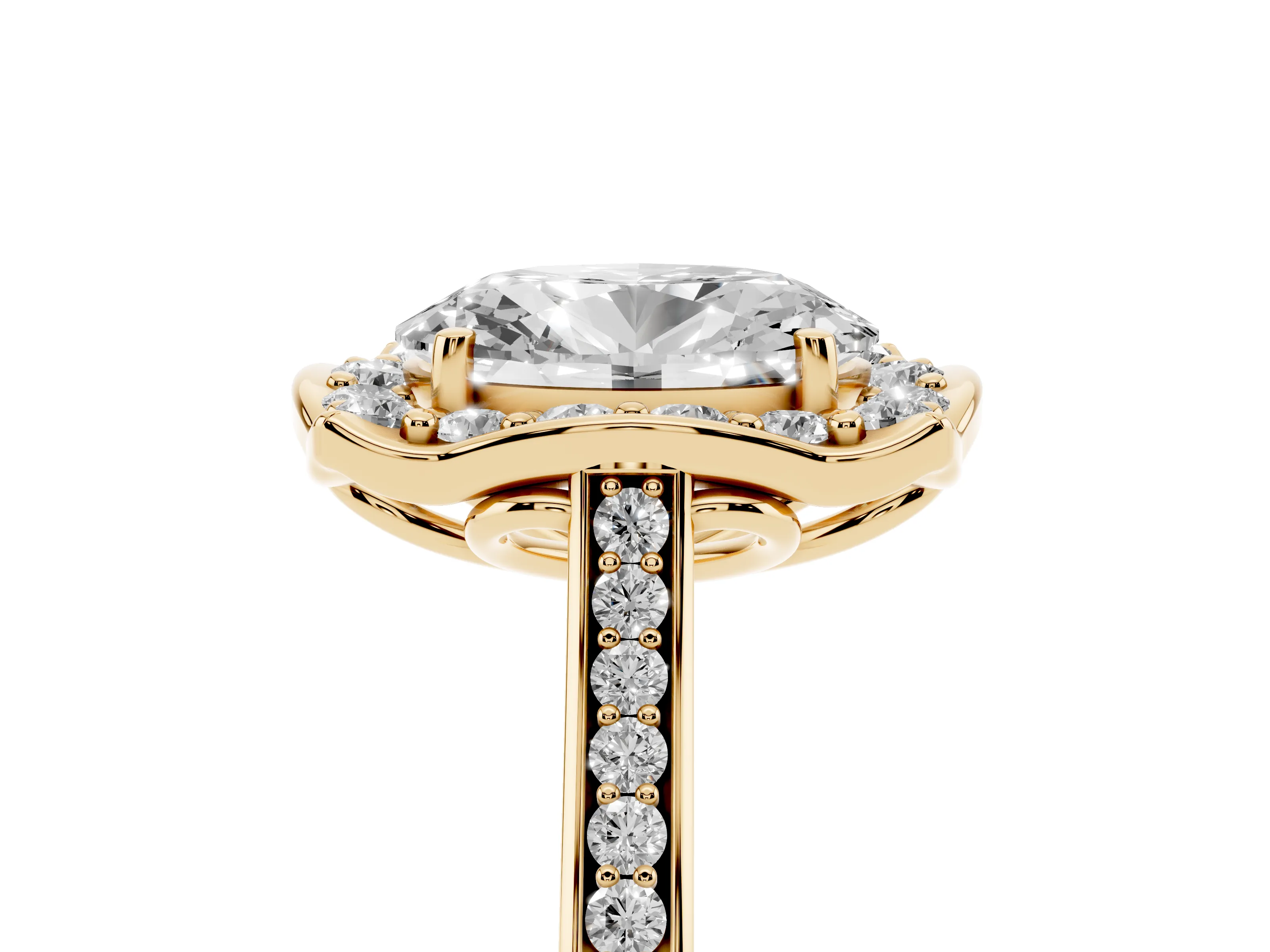 Oval Cut Diamond Halo Ring Set in Yellow gold with Pavé-Lined Shoulders and Prong Setting