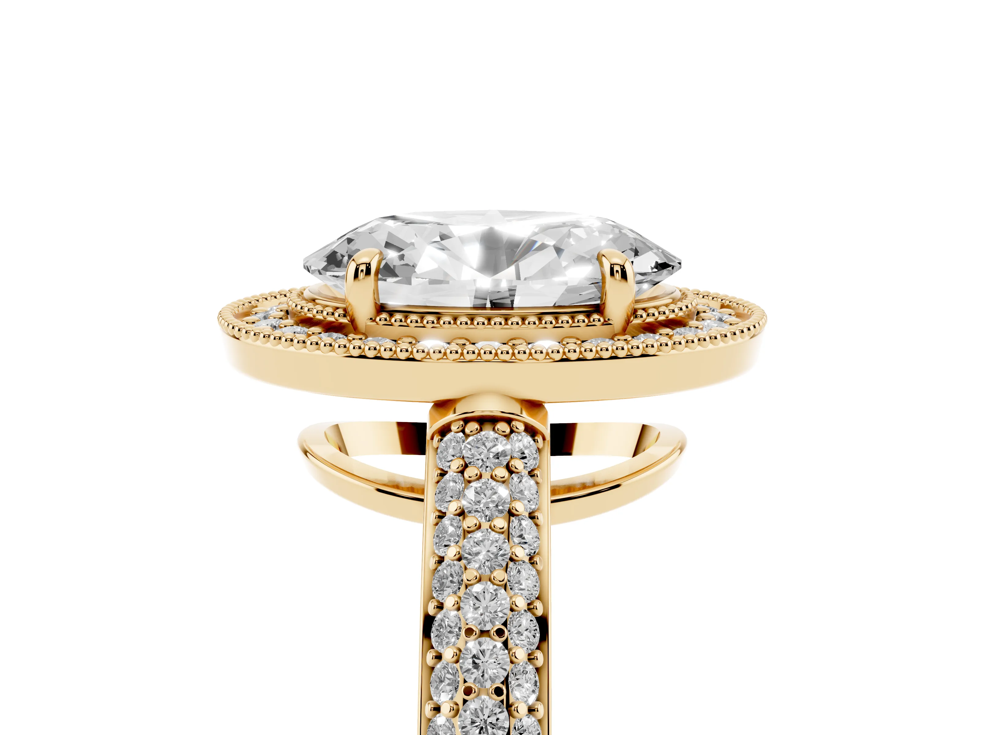 Oval Cut Diamond Halo Pavé Band Set in Yellow gold with Prong Setting