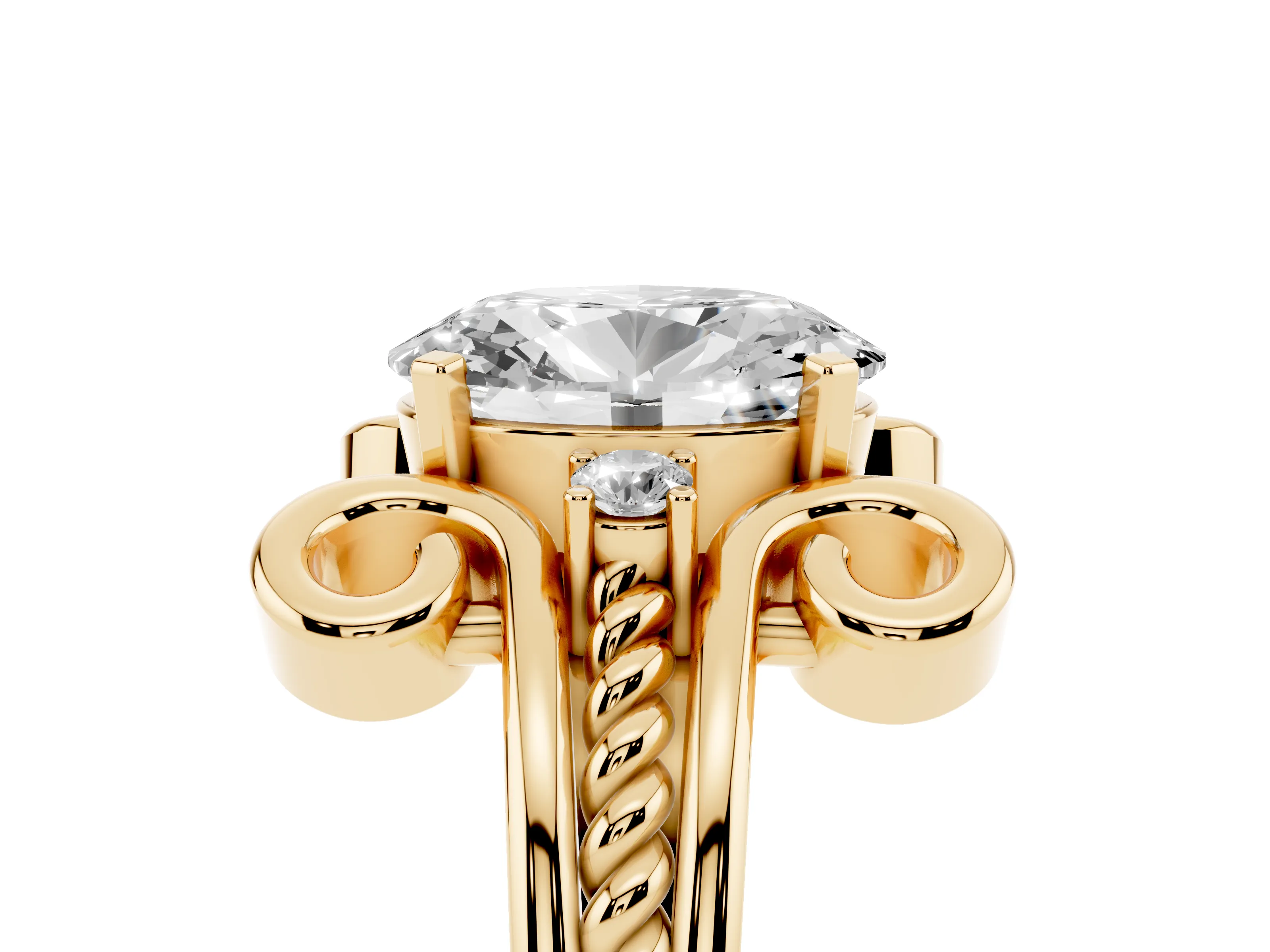 Oval Cut Diamond Twisted Band Solitaire Ring Set in Yellow gold with Scroll Prongs