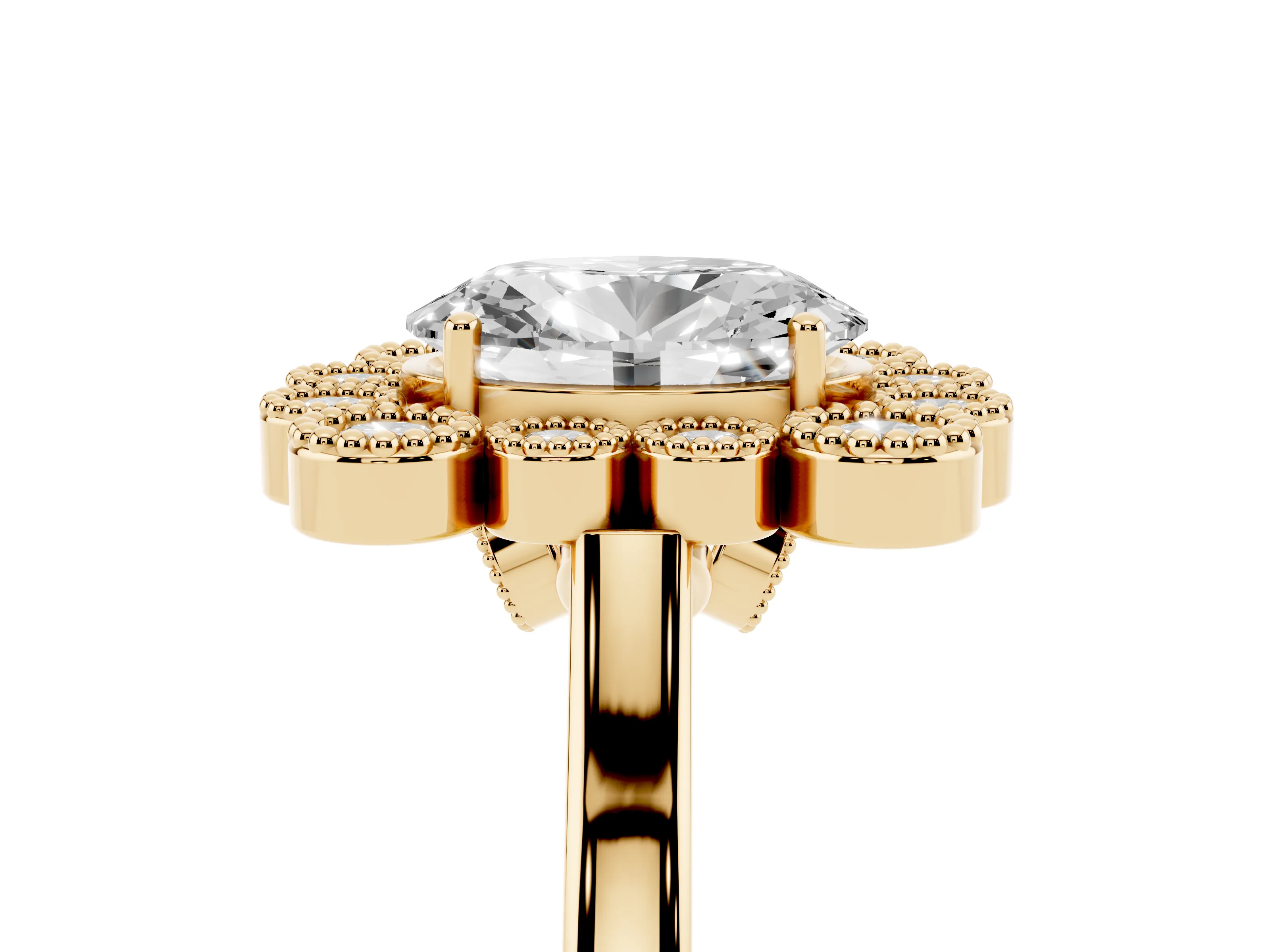 Oval Cut Diamond Cluster Halo Ring Set in Yellow gold with Milgrain Bezel Accents and Plain Band