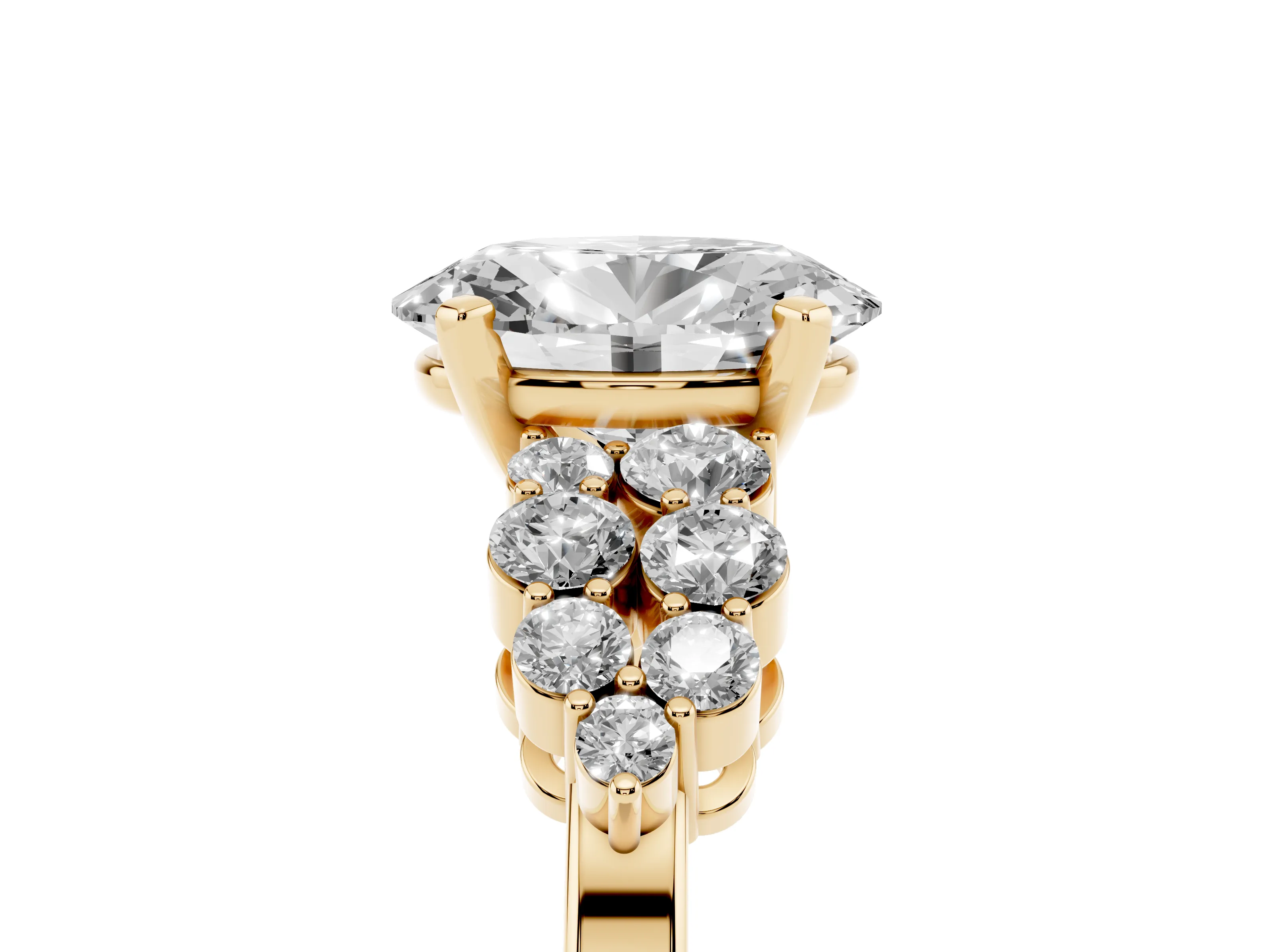 Oval Cut Diamond Cluster Engagement Ring Set in Yellow gold with Pavé Band and Prong Setting