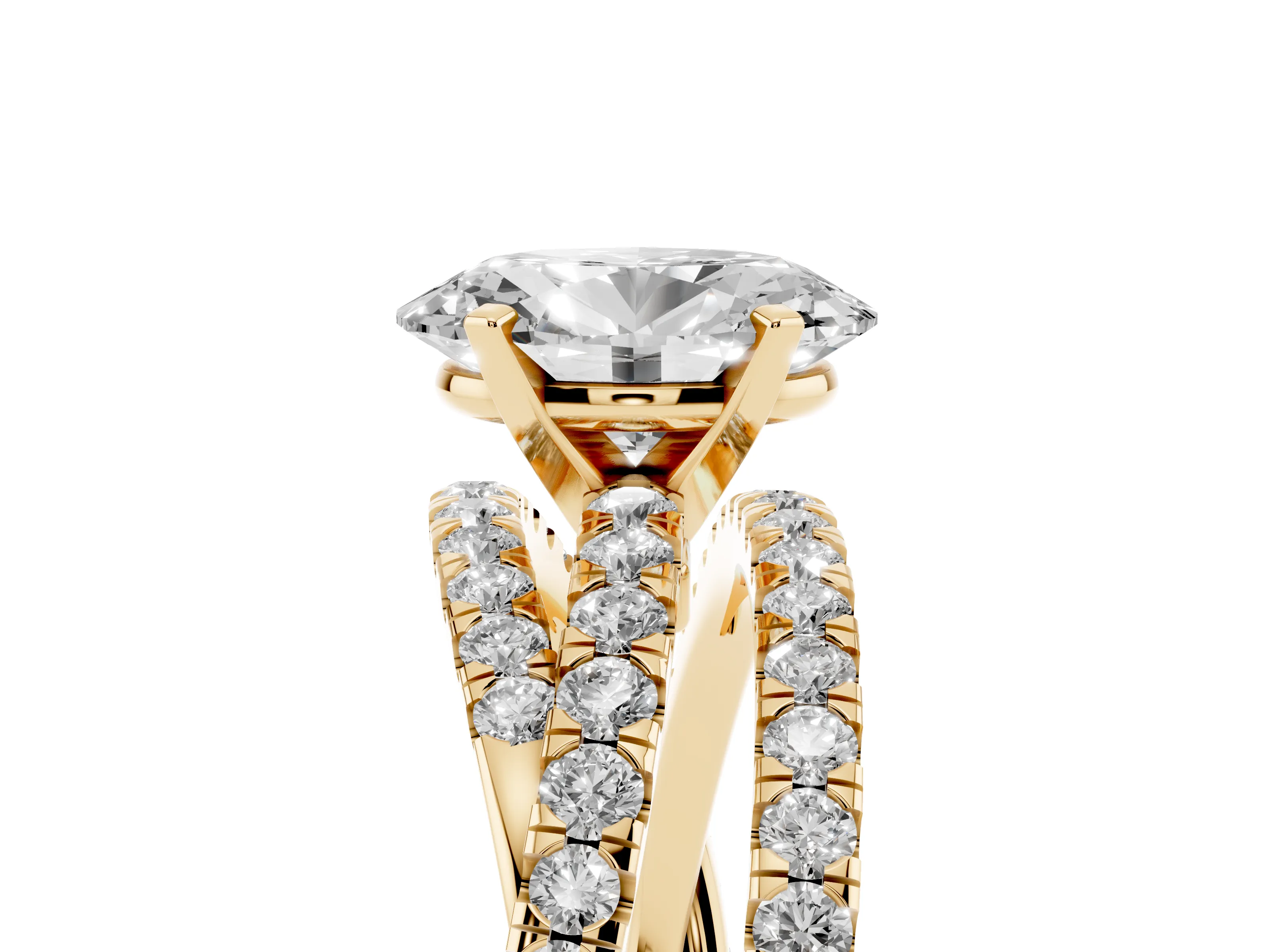 Oval Cut Diamond Solitaire Twist Band Ring Set in Yellow gold with Pavé Setting and Prong Head
