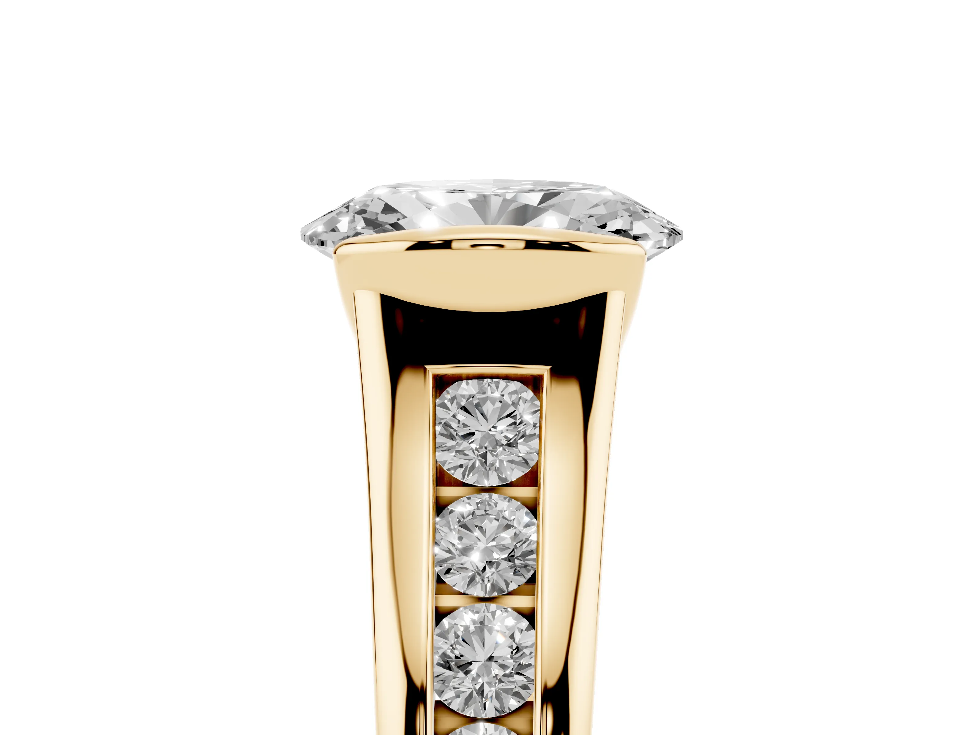 Oval Cut Diamond Bezel-Set Solitaire Ring Set in Yellow gold with Channel-Set Band
