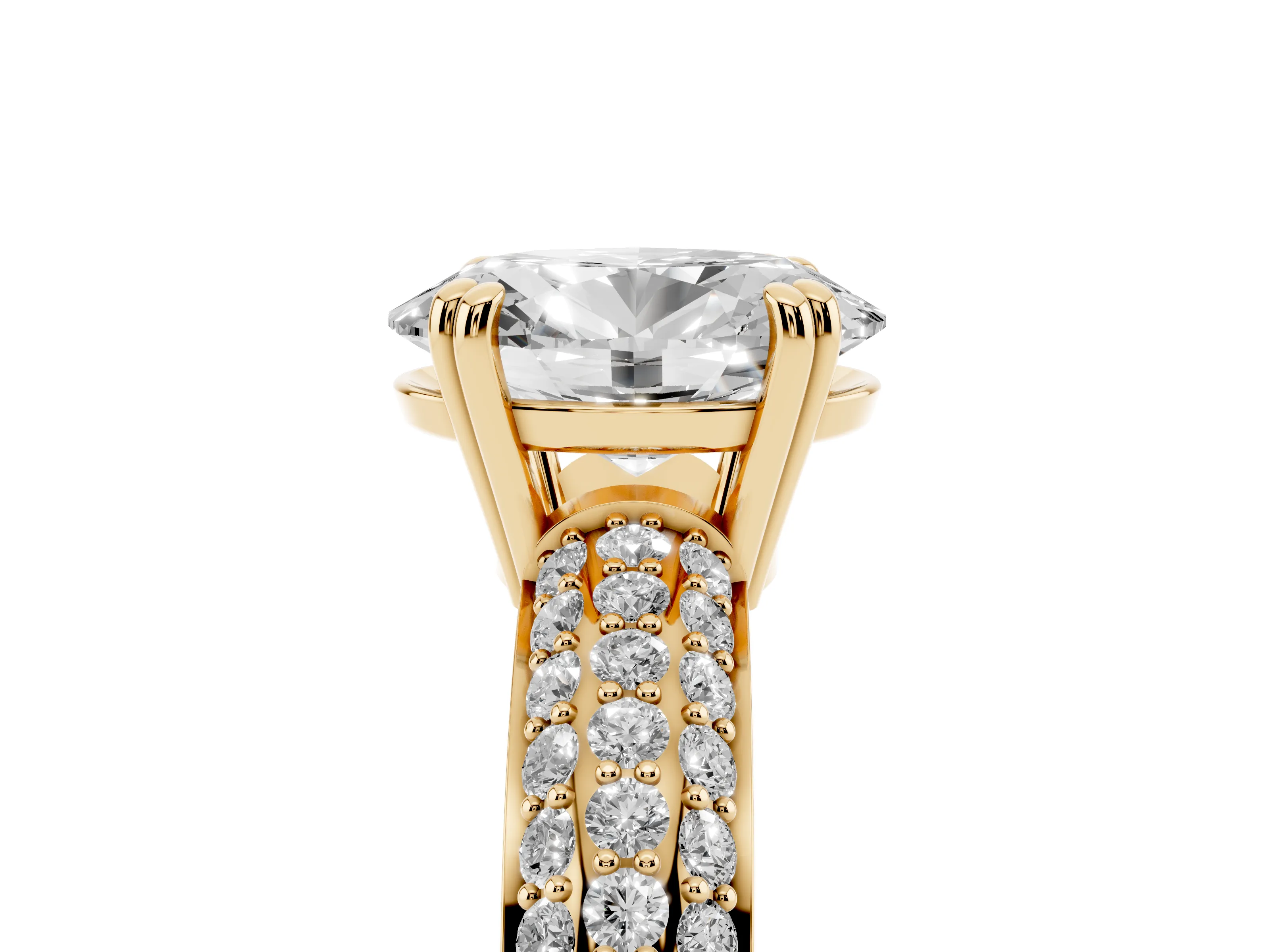 Oval Cut Diamond Solitaire Ring Set in Yellow gold with Multi-Row Round Pavé Band and Prong Setting