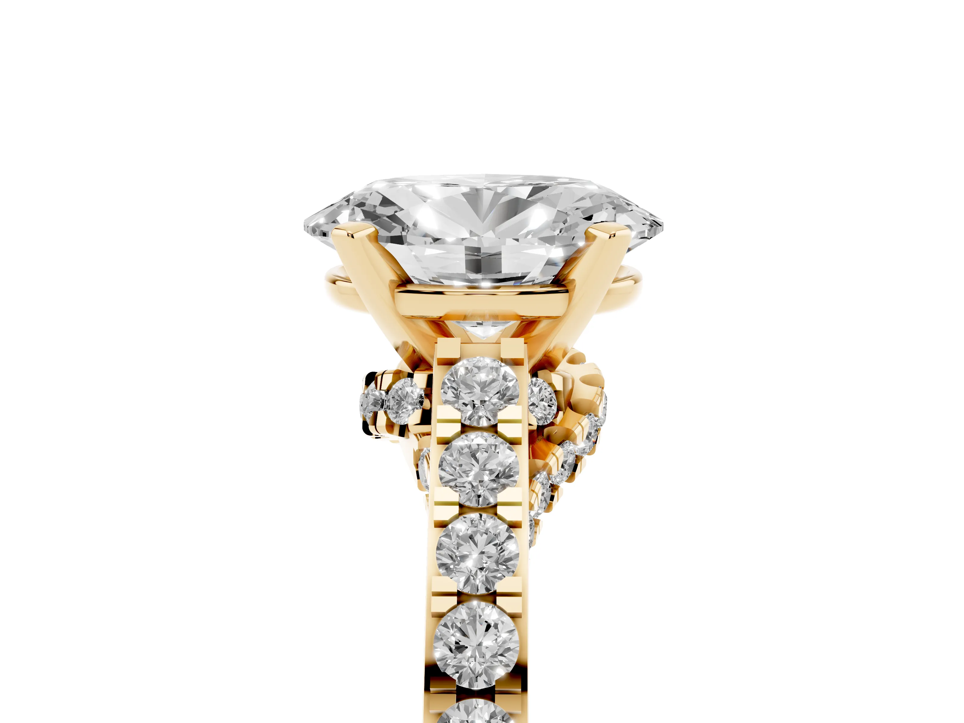 Oval Cut Diamond Solitaire Ring Set in Yellow gold with Crossover Gallery and Round Pavé Band