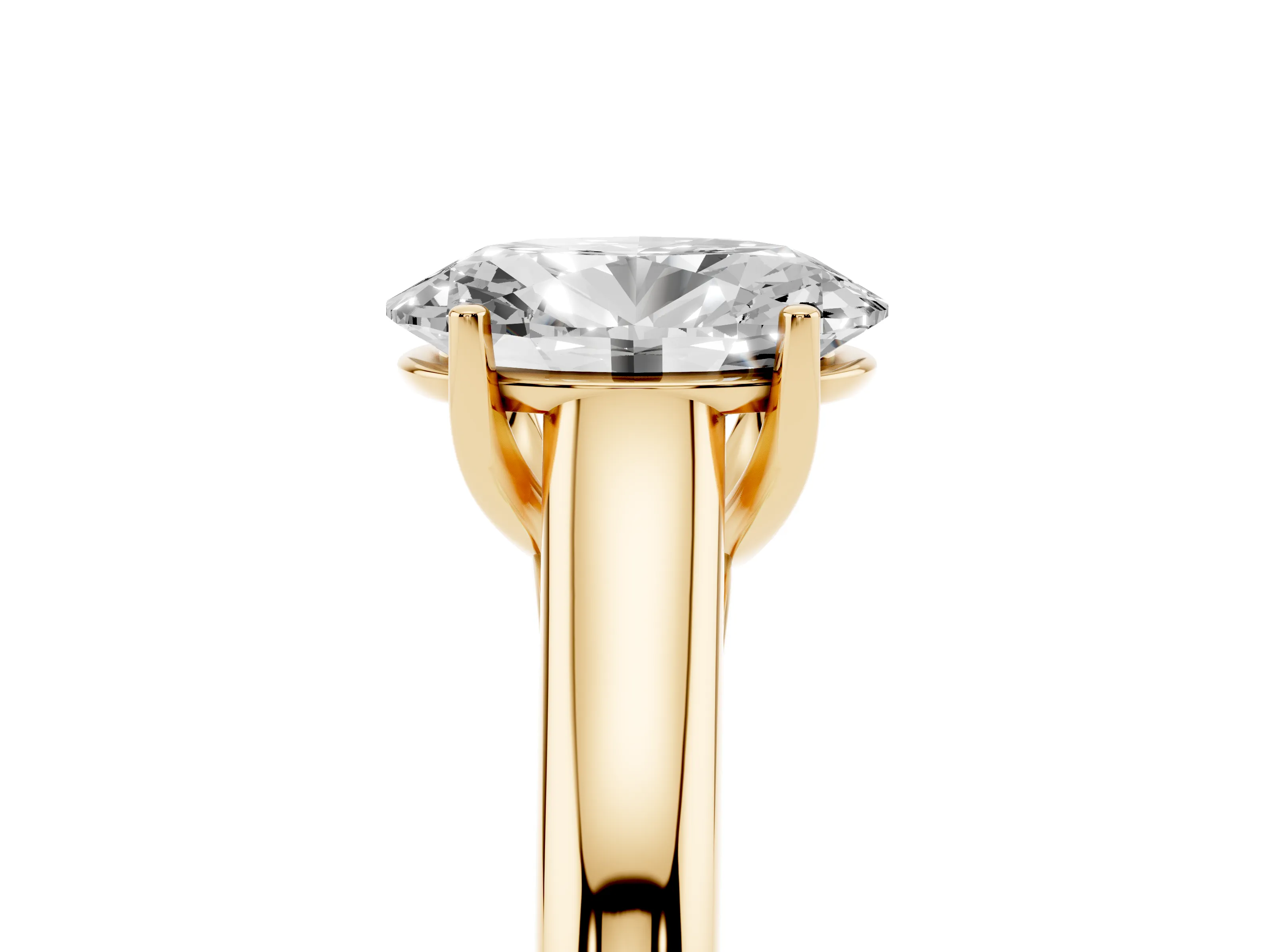 Oval Cut Diamond Solitaire Engagement Ring Set in Yellow gold with Subtly Tapered Band and Prong Setting