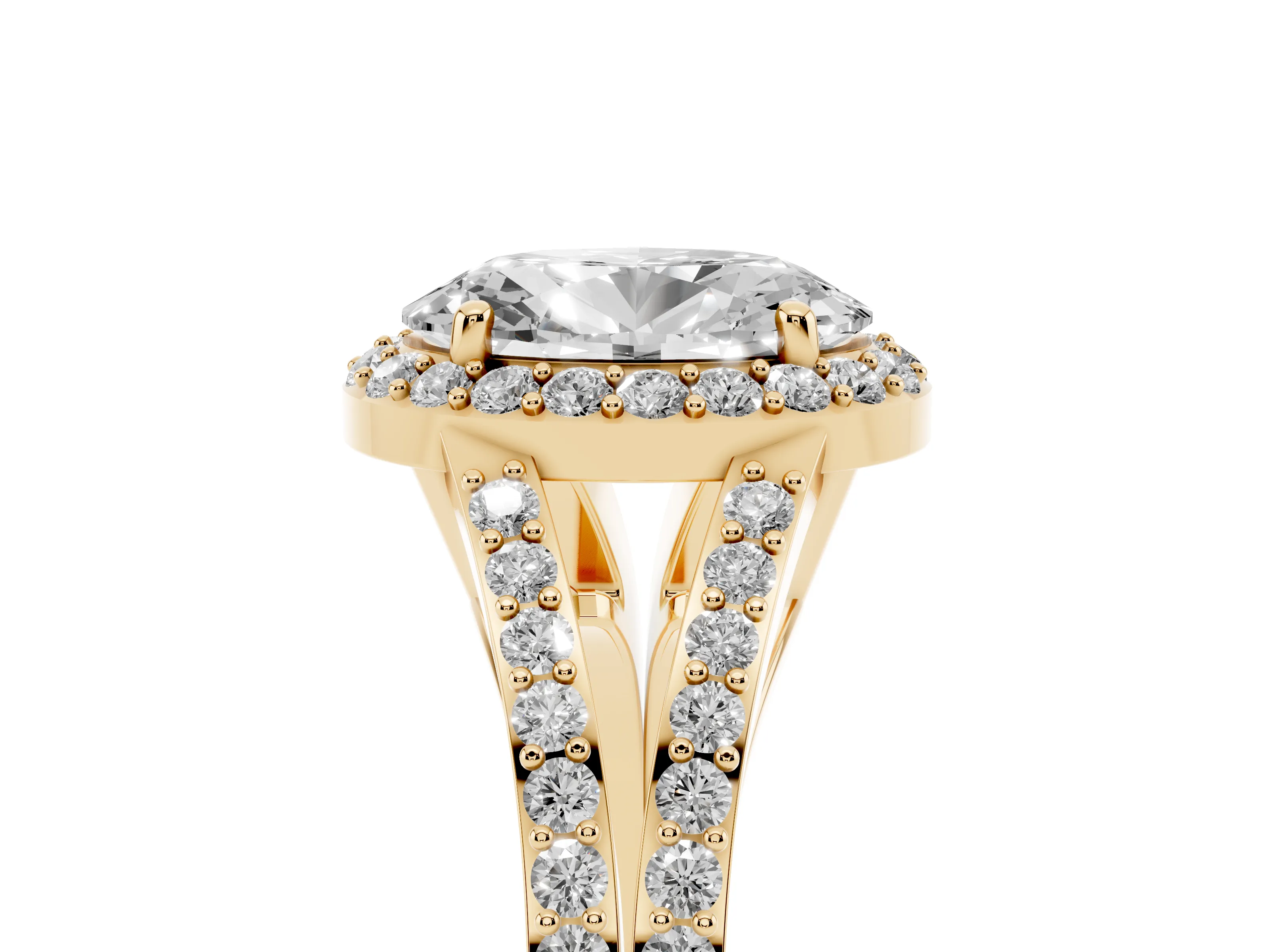 Oval Cut Diamond Halo Split Shank Ring Set in Yellow gold with Accent Stones and Prong Setting