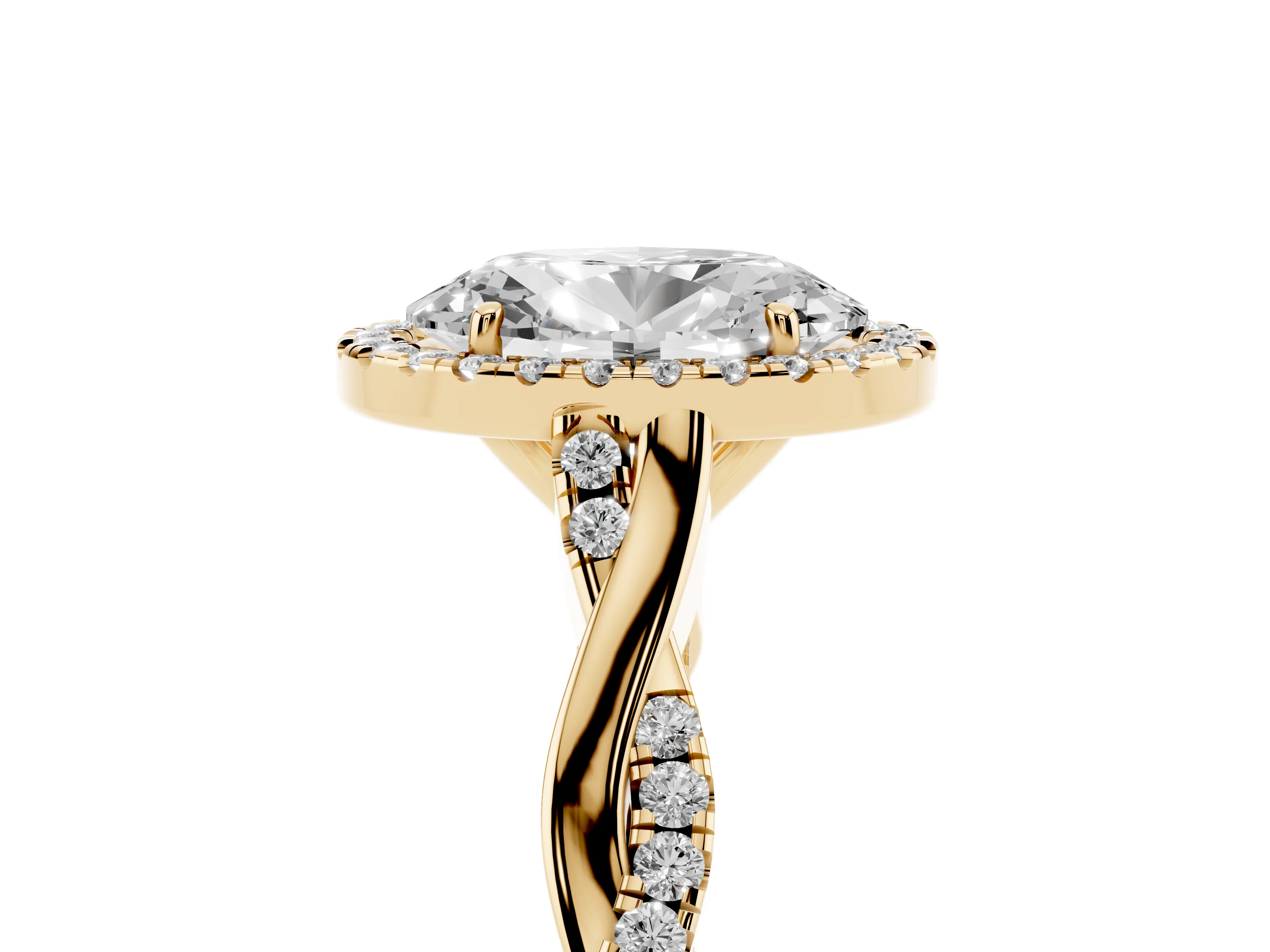 Oval Cut Diamond Halo Twist Band Solitaire Ring Set in Yellow gold with Prong Setting