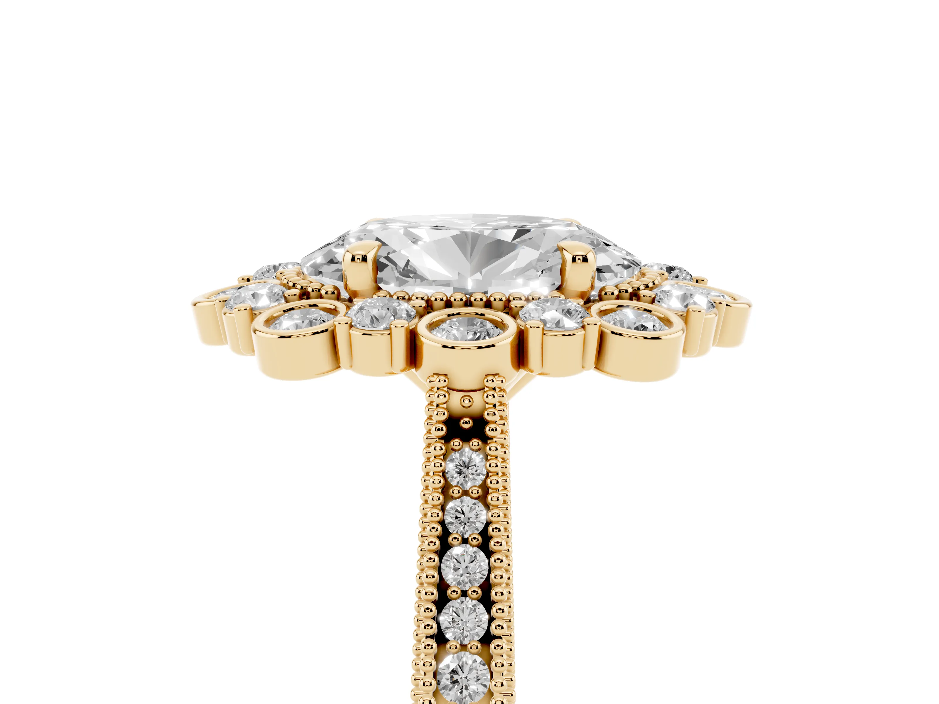 Oval Cut Diamond Halo Milgrain Pavé Ring Set in Yellow gold with Prong Setting