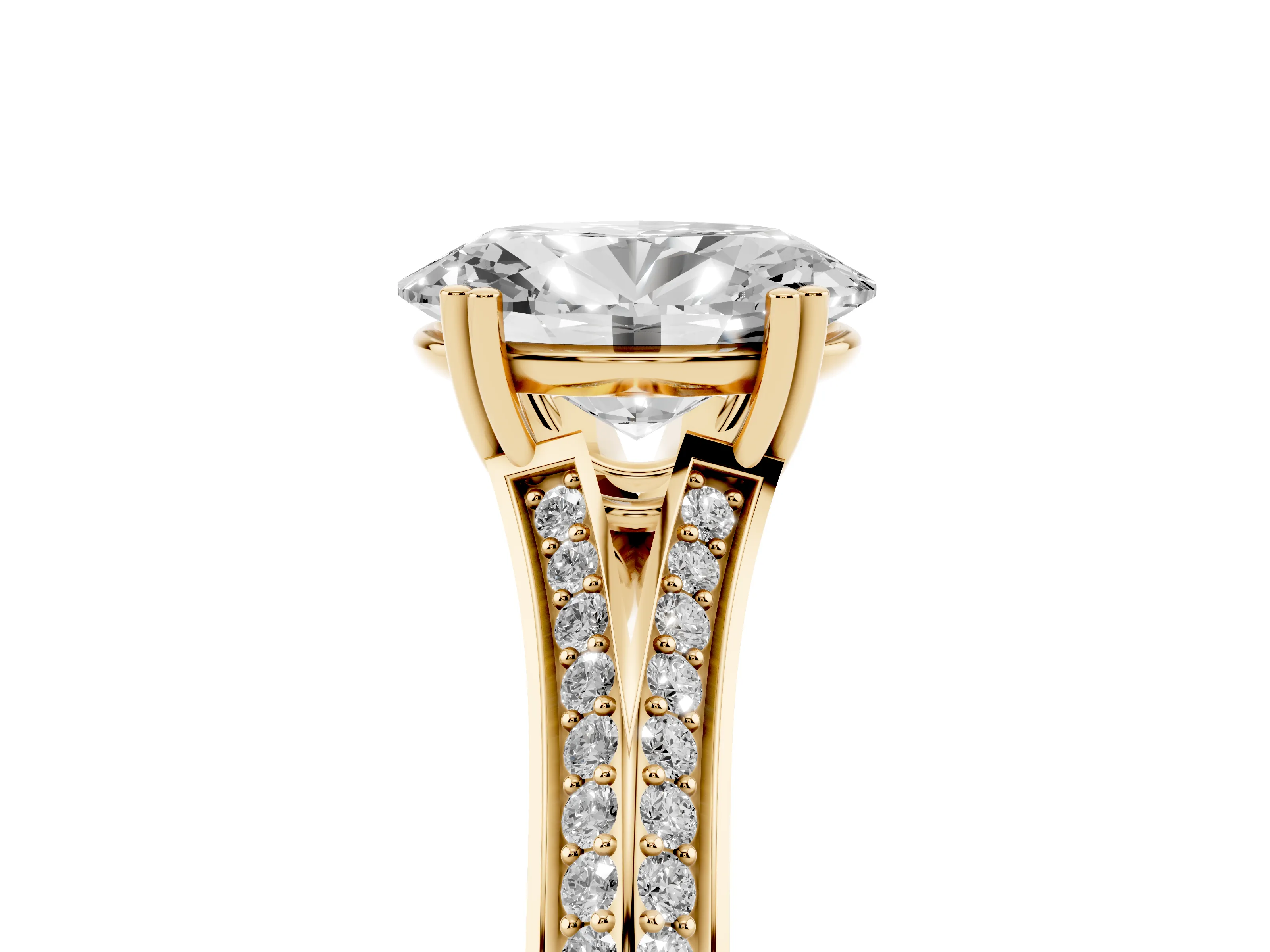 Oval Cut Diamond Split Shank Pavé Engagement Ring Set in Yellow gold with Prong-Set Center Stone