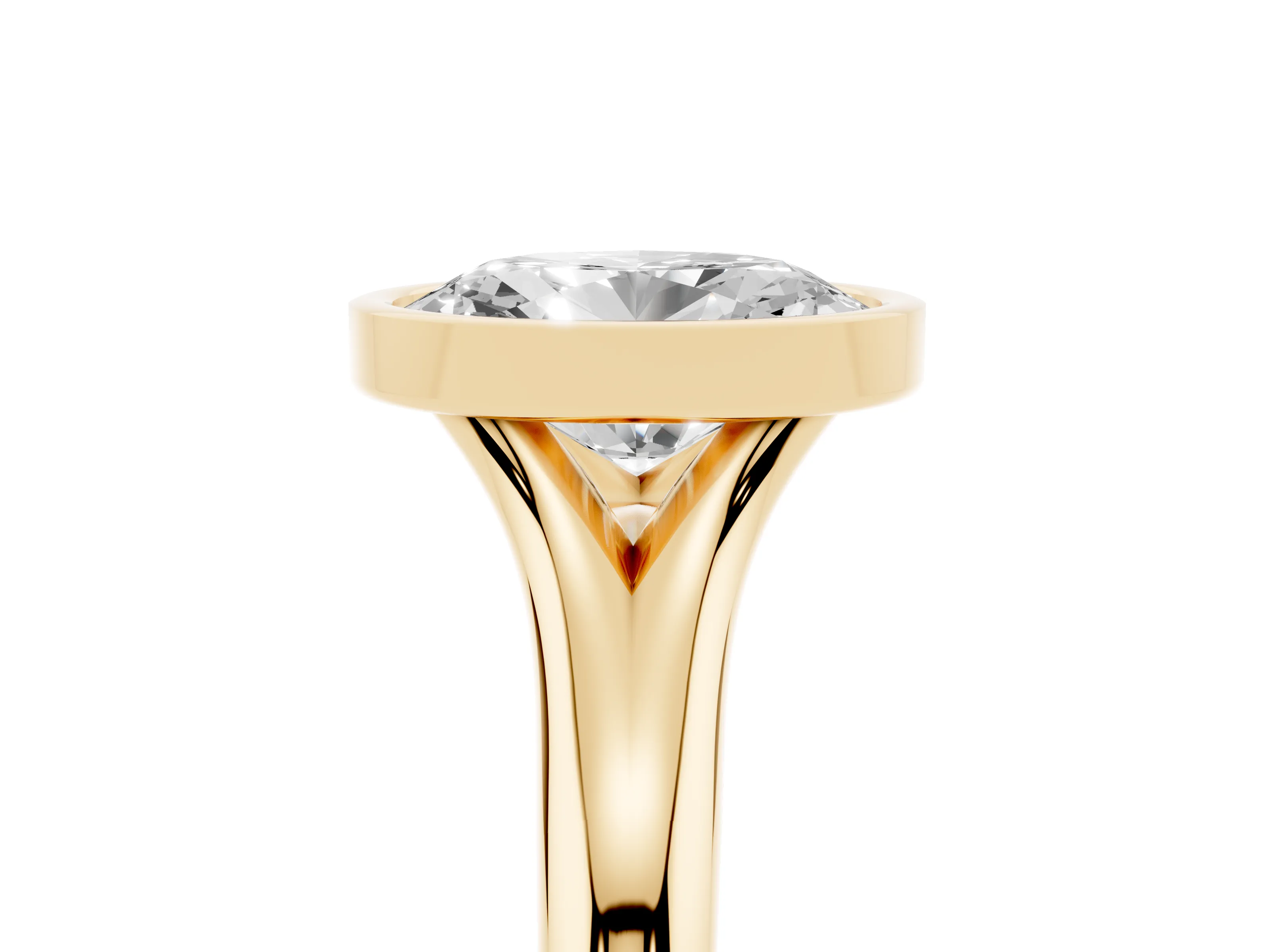 Bezel Set Oval Cut Diamond Solitaire Ring Set in Yellow gold with Smooth Band