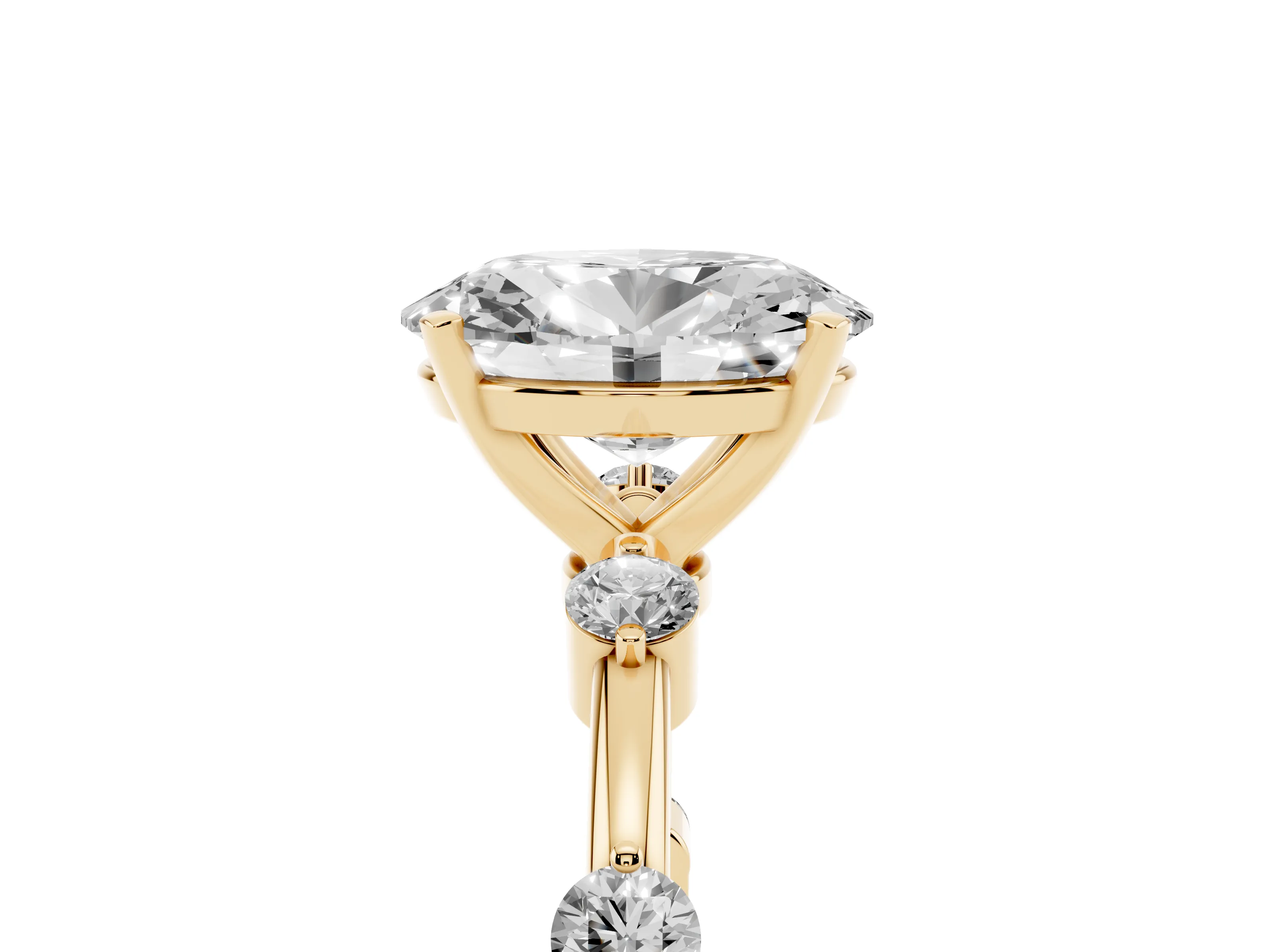 Oval Cut Diamond Solitaire Ring Set in Yellow gold with Bezel Set Side Stones and Prong Setting