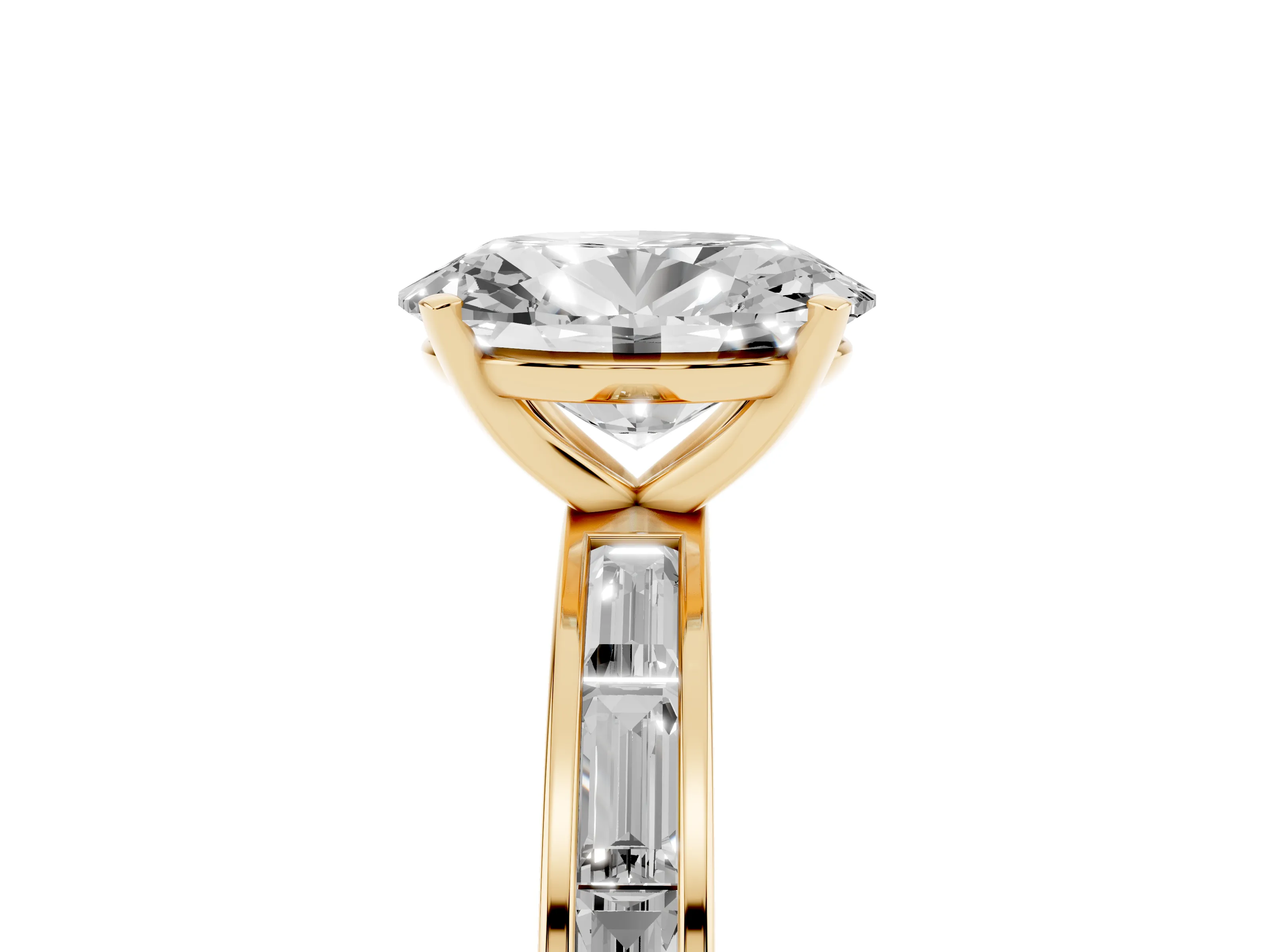 Oval Cut Diamond Solitaire Ring Set in Yellow gold with Channel-Set Baguette Band and Prong Setting