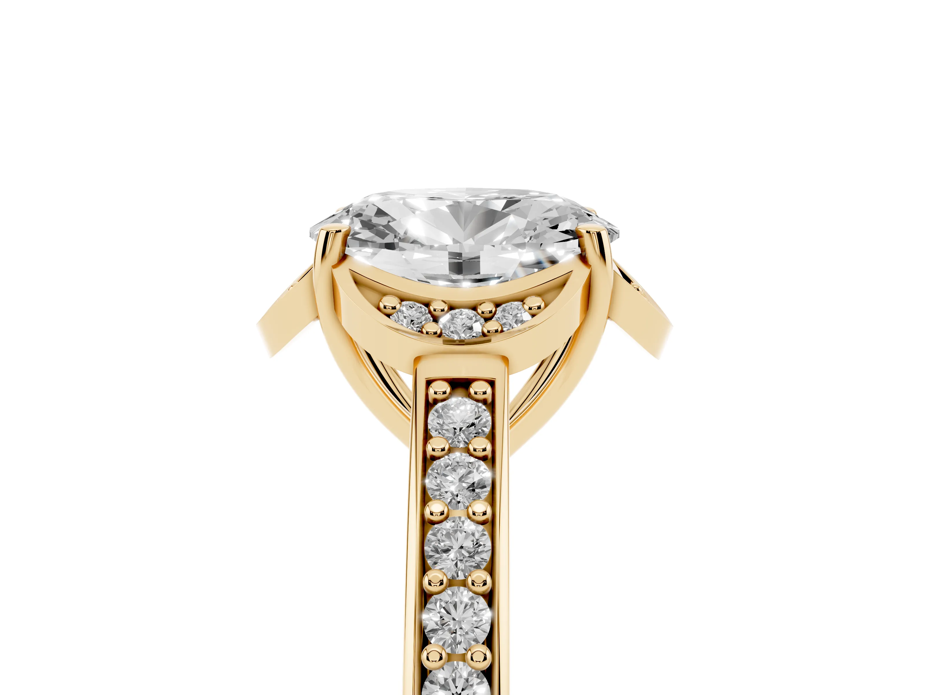Oval Cut Diamond Halo Ring Set in Yellow gold with Channel Set Band and Prong Setting