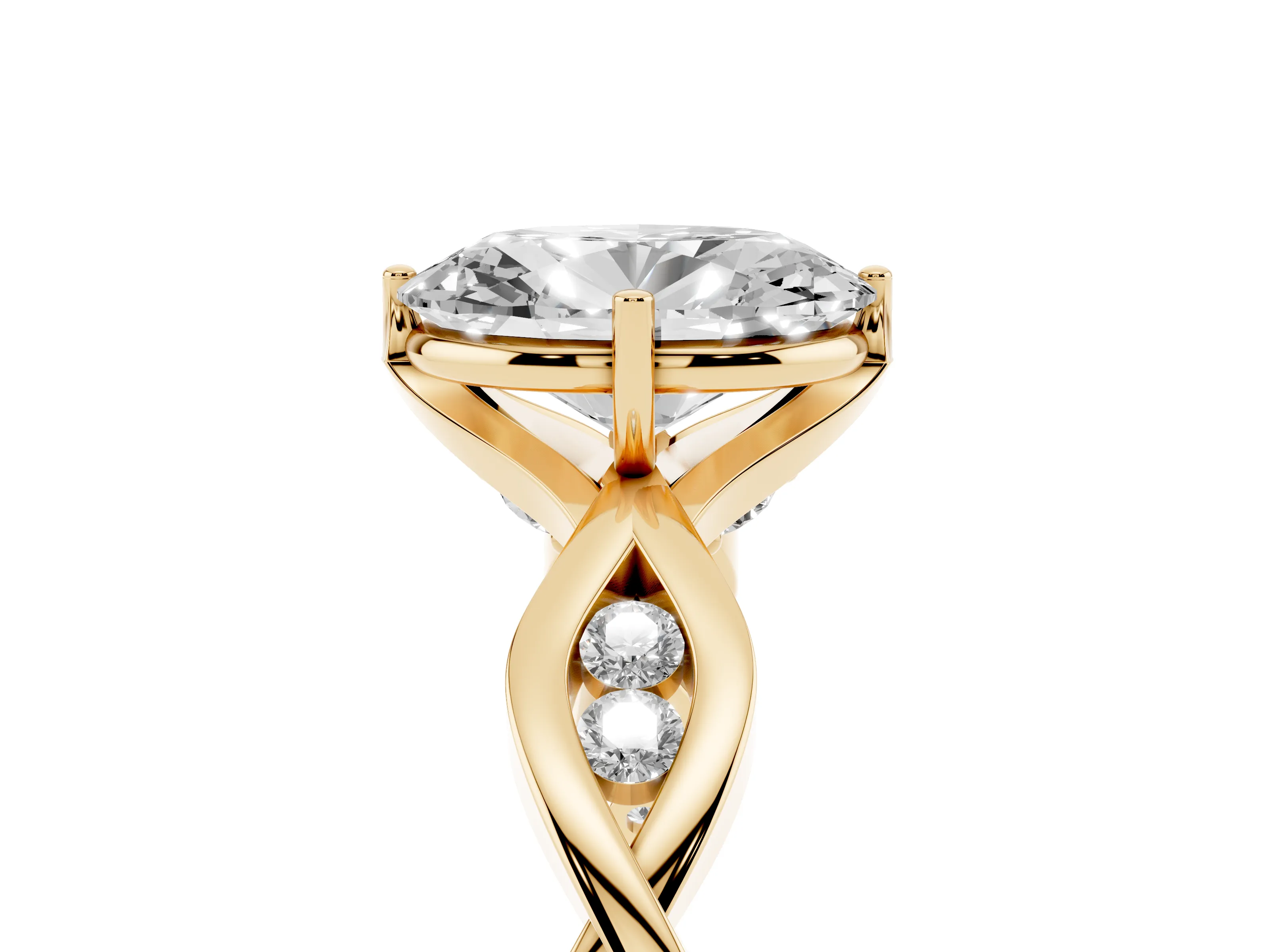 Oval Cut Diamond Twist Band Solitaire Ring Set in Yellow gold with Leaf Prong Setting and Accent Stones