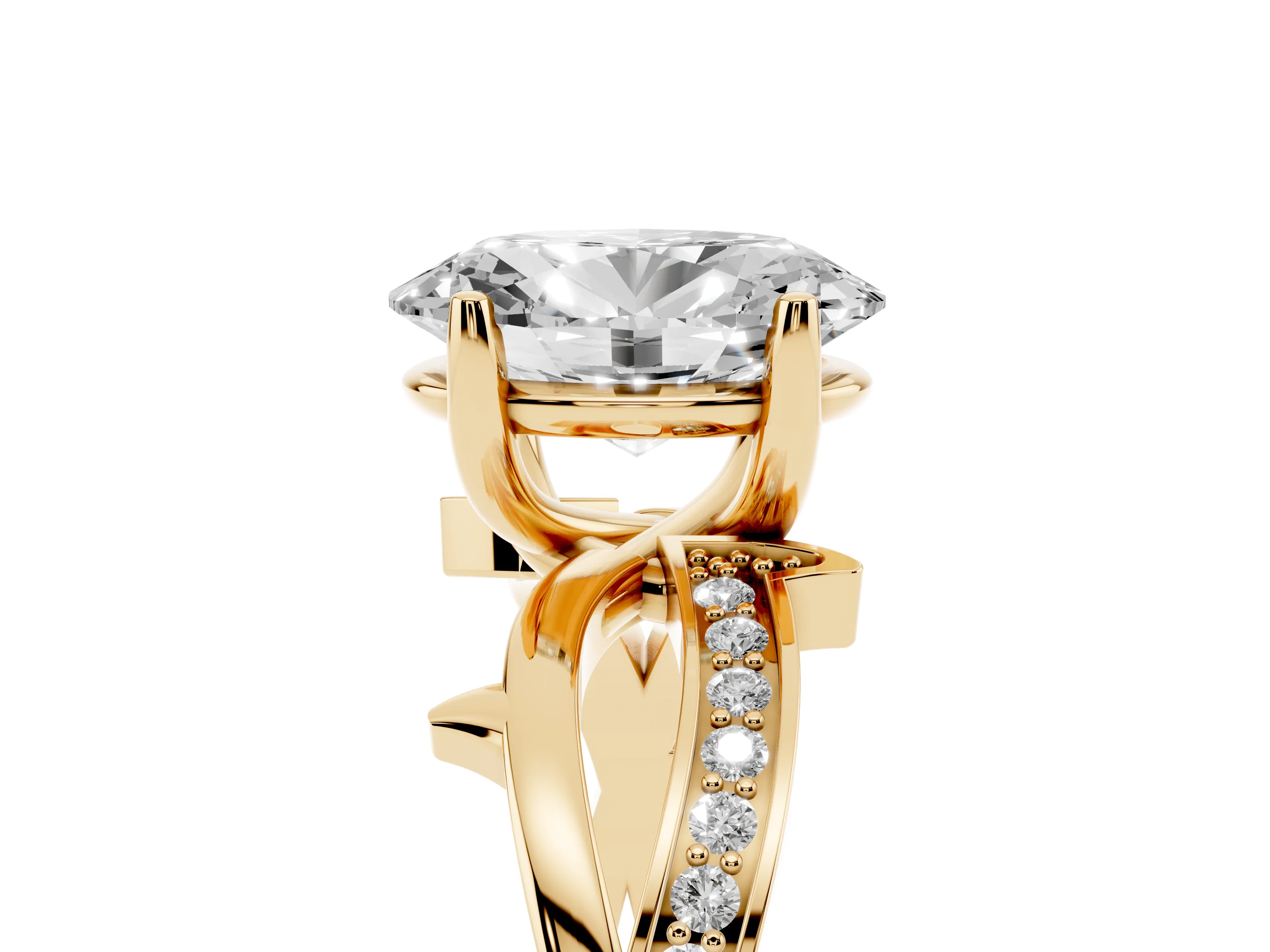Oval Cut Diamond Pavé Twist Band Solitaire Ring Set in Yellow gold with Prong Setting