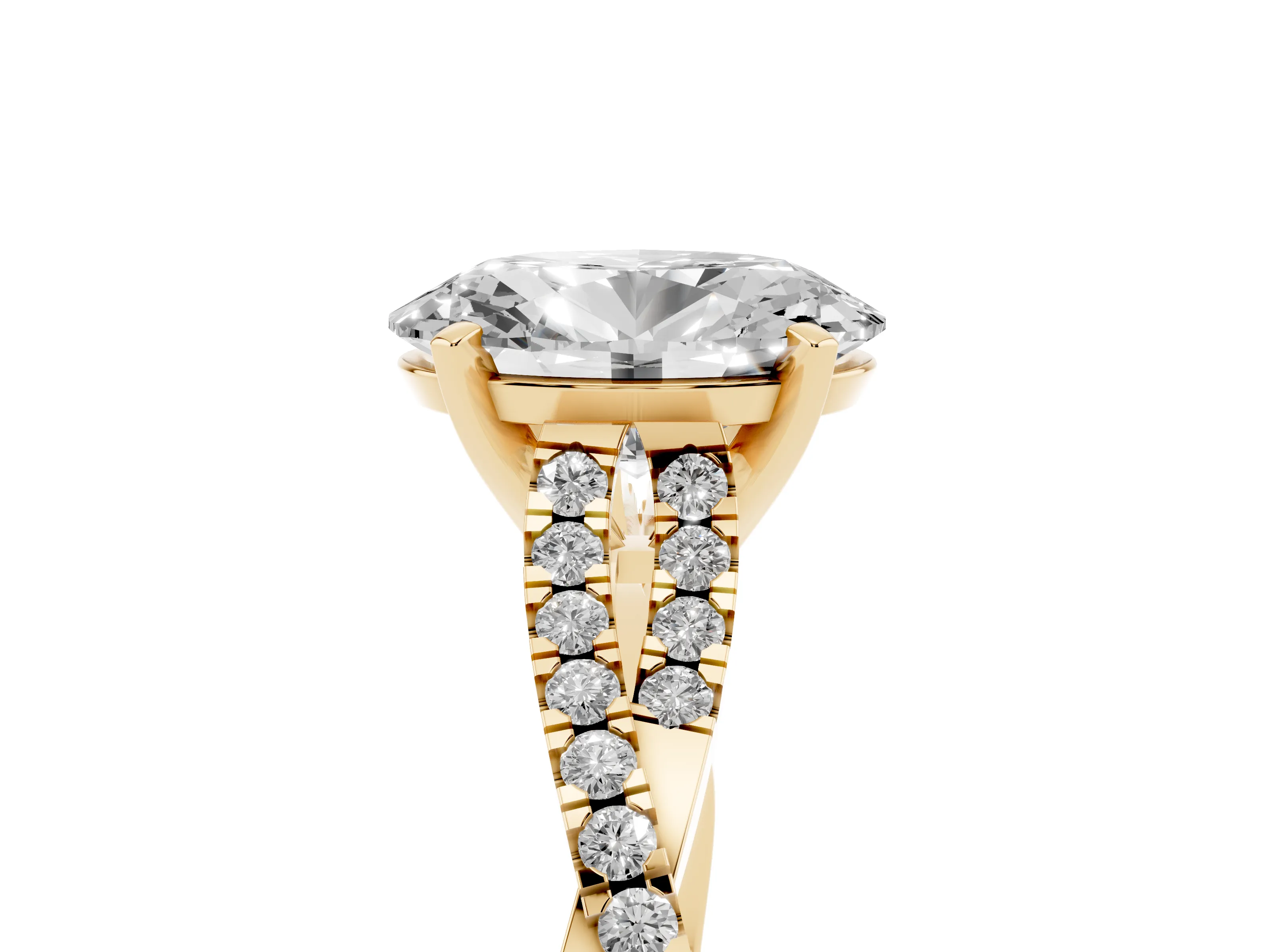 Oval Cut Diamond Solitaire Engagement Ring Set in Yellow gold with Twisted Pavé Band and Prong Setting