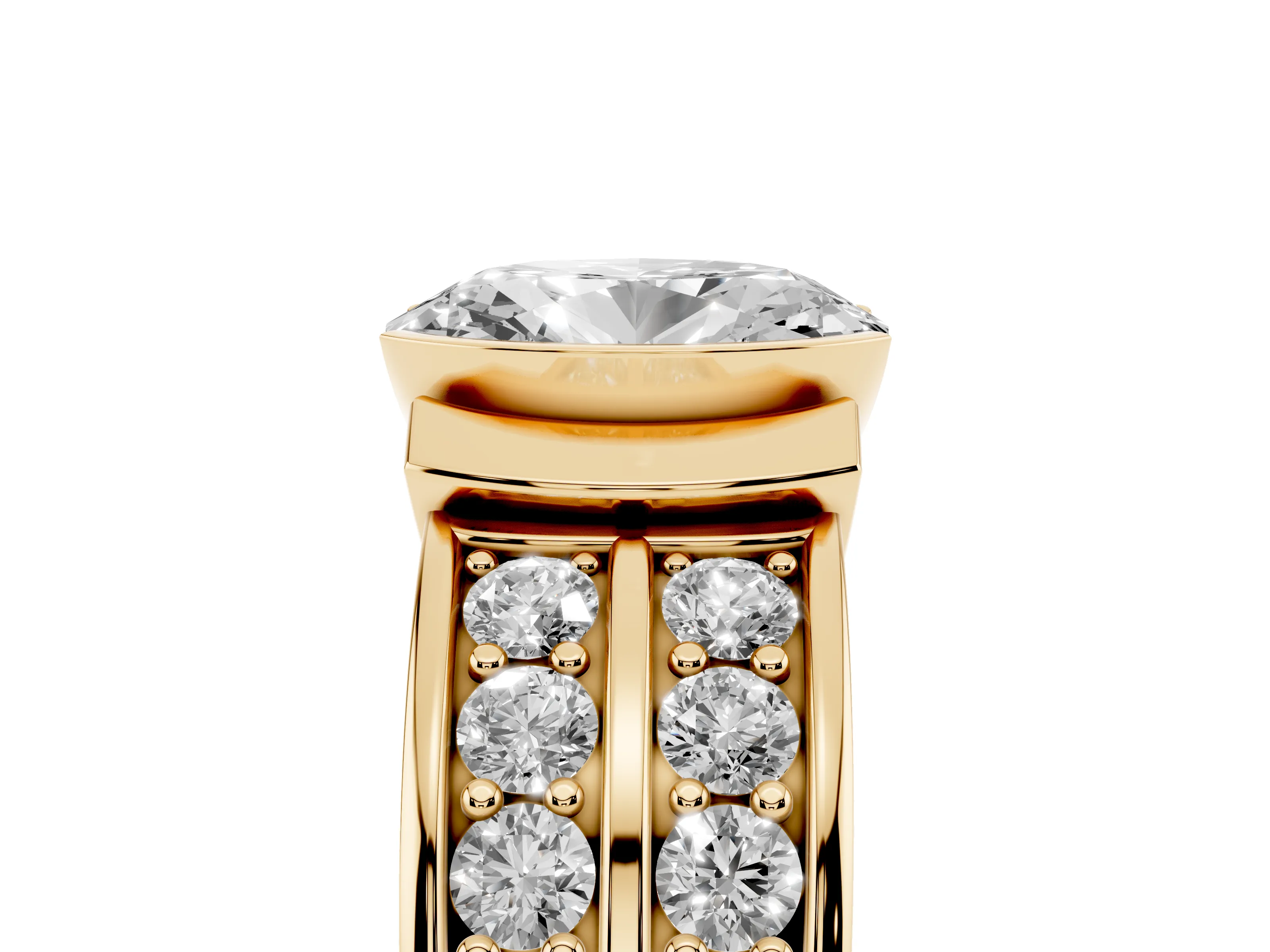 Oval Cut Diamond Wide Channel Set Band Ring Set in Yellow gold with Bezel Setting